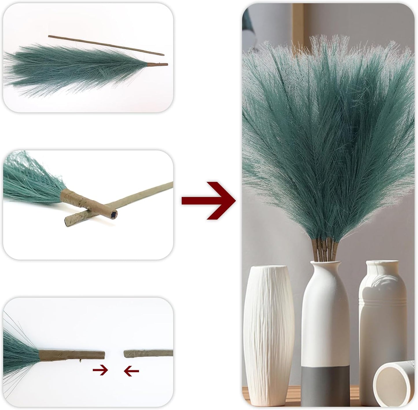 Detachable Faux Bulrush Reed Green Grass for Tall Vase Filler / Deep Green 2 / Set of 5