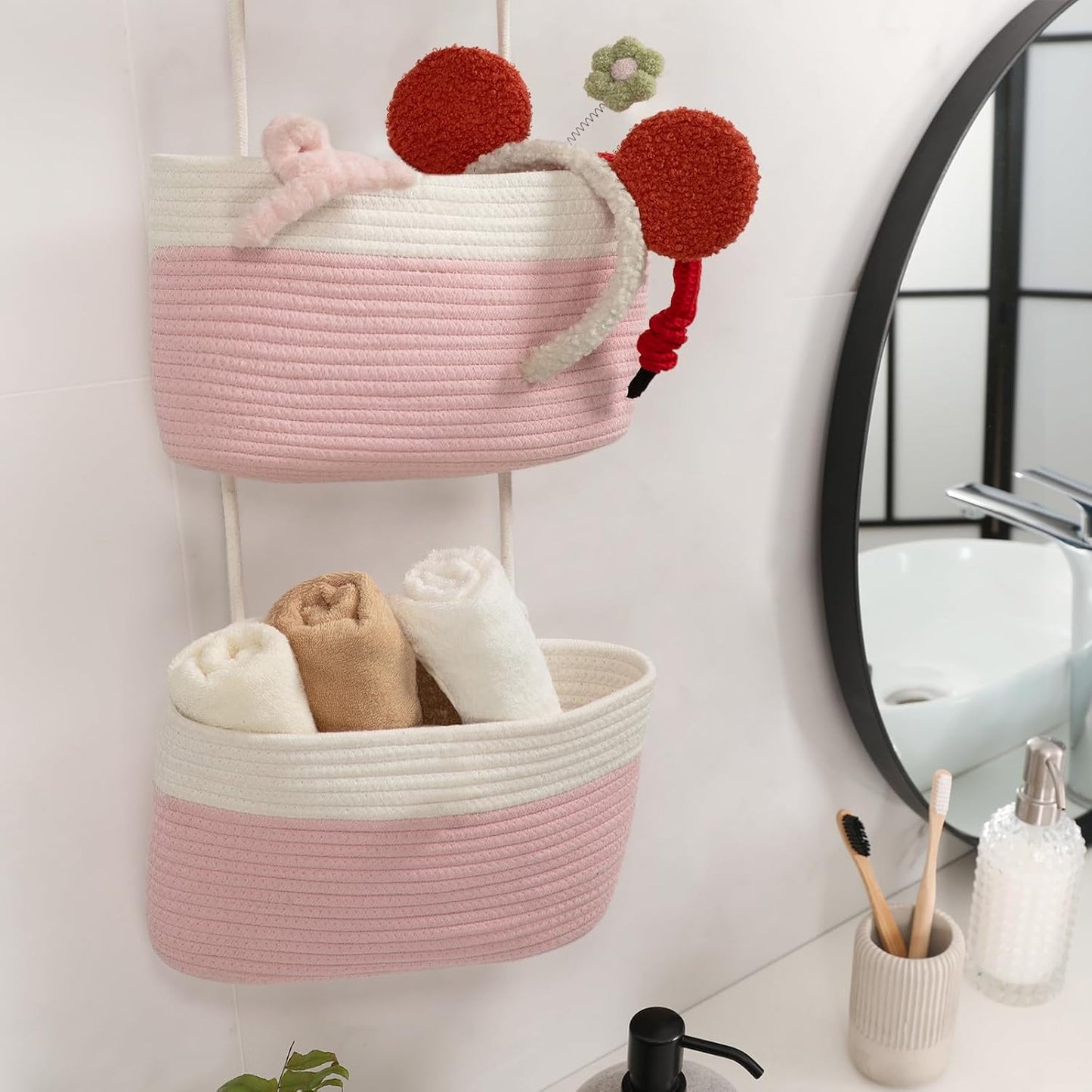 3-Tier Woven Cotton Wall-Mounted Storage Organizer Bag Decorative Hanging Nursery / Pink & White