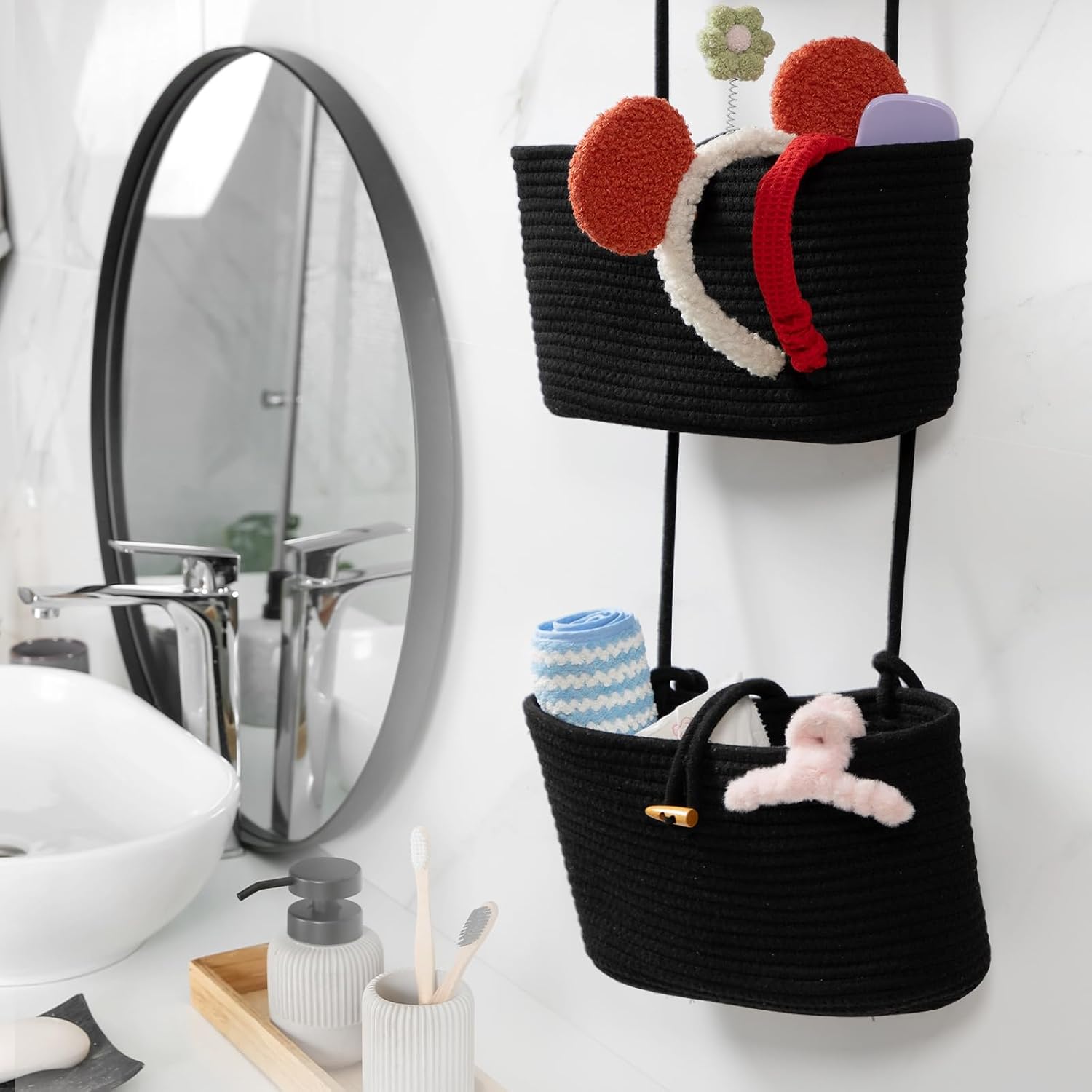 3-Tier Woven Cotton Storage Organizer Bag / Black / 3 Tier+button