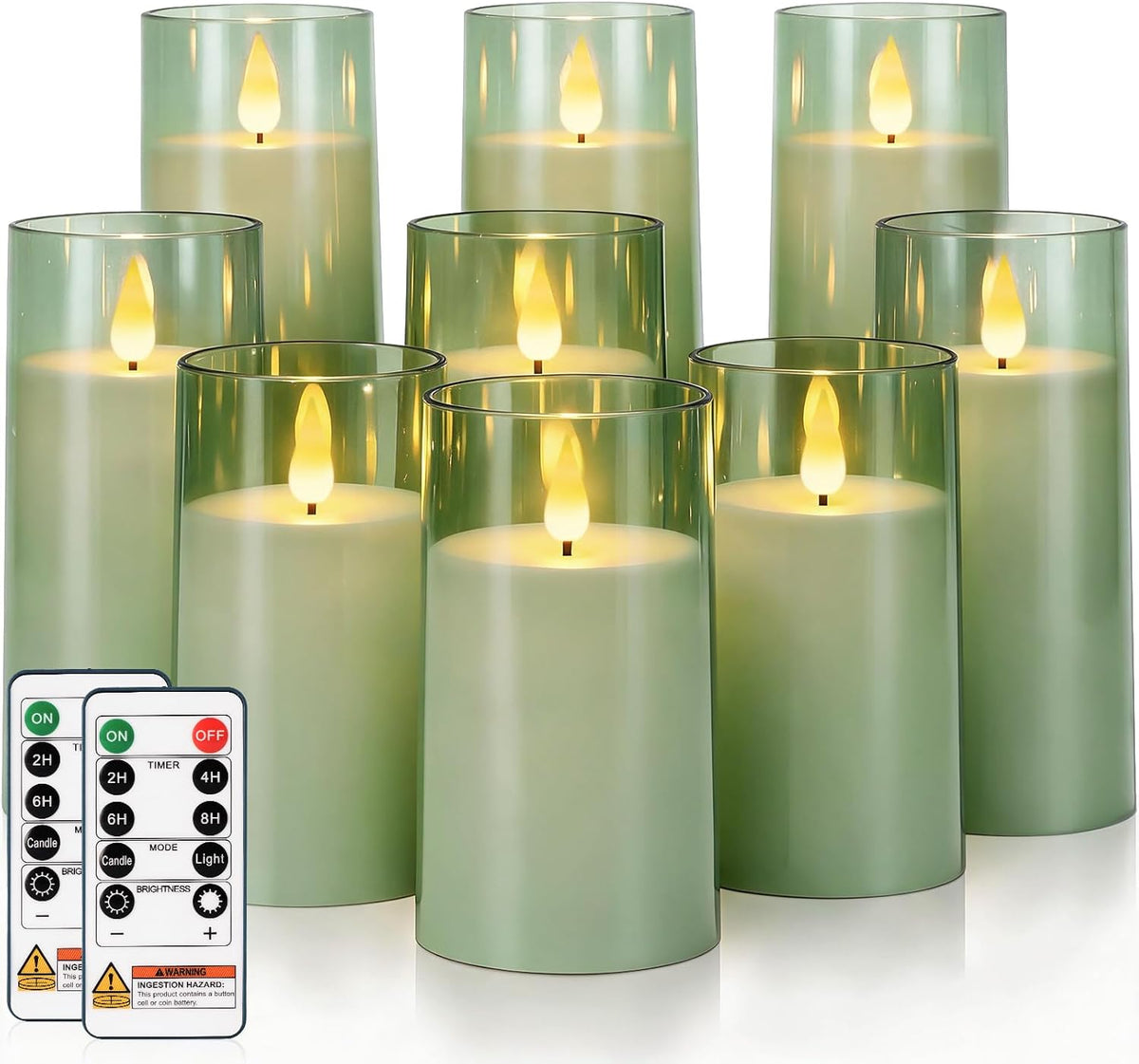 Homemory Sage Green Flameless Candles, Acrylic LED Pillar Candles with Remote Timer, Set of 9