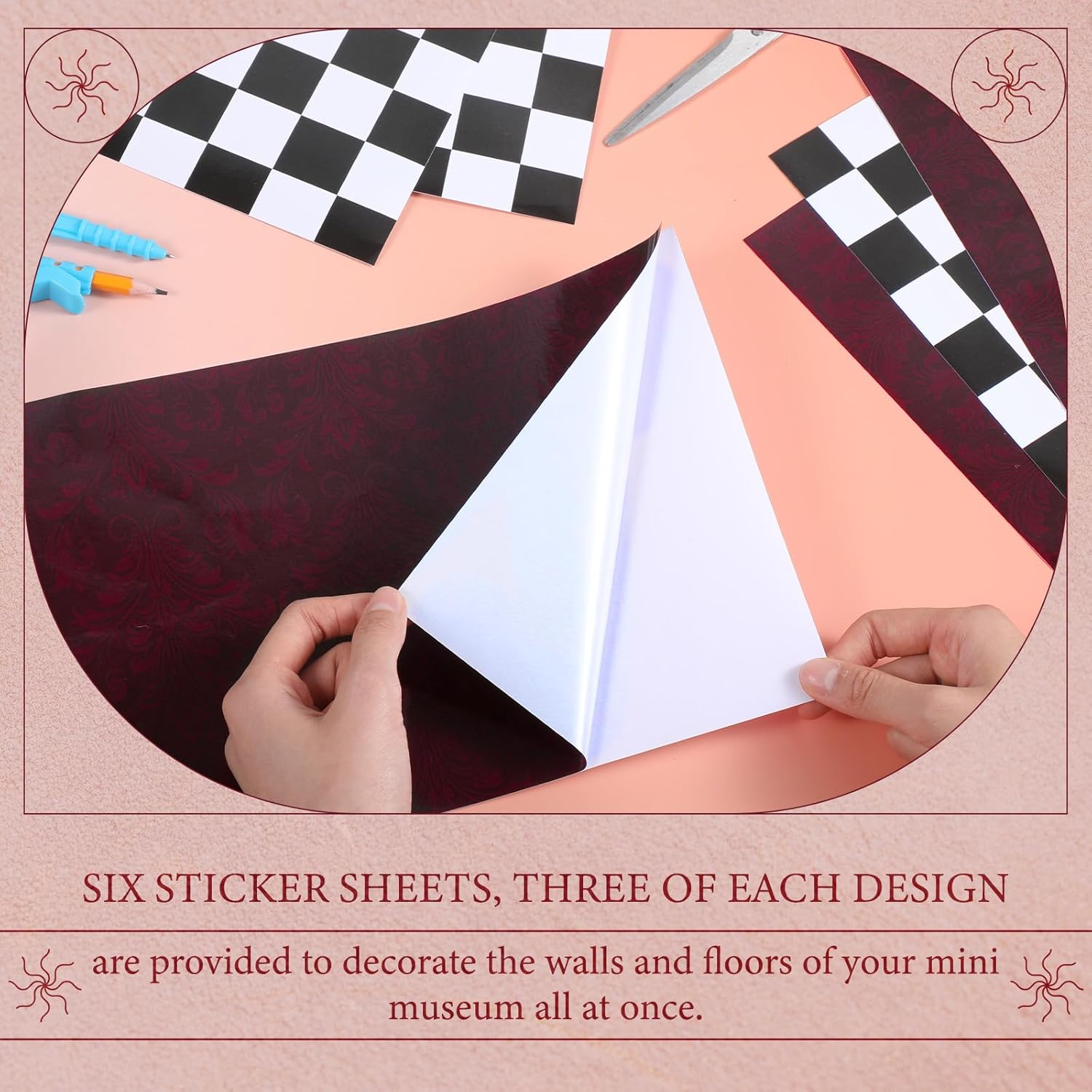 6 Sheets Miniature Model Wallpaper & Flooring Set / Red,black White / Checkered Style