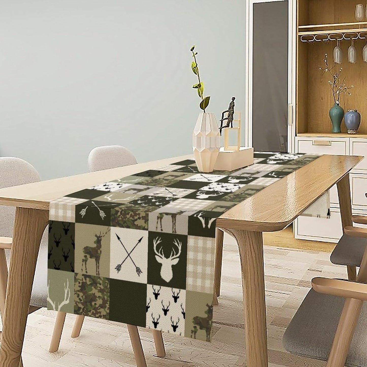 Farmhouse Moose Deer Bear Table Runner,Camouflage Vintage Bear Cottage Country Style Pattern Printed Linen Table Runner