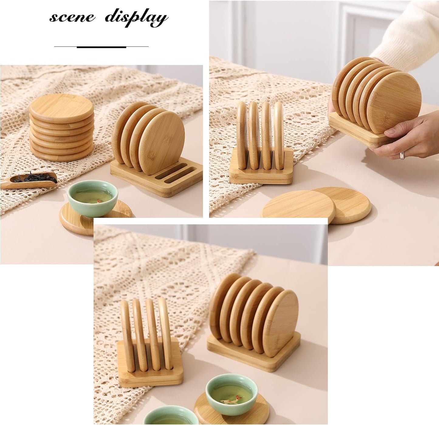 Coaster Set Holder Included / Round / Natural / Set of 6