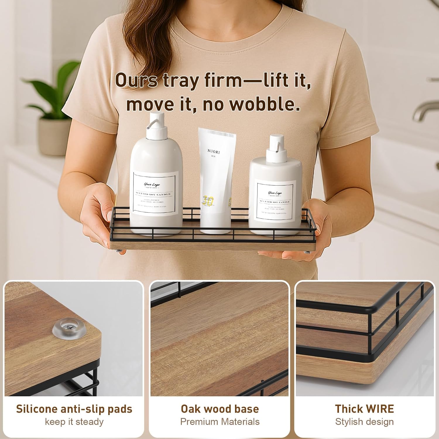Acacia Wood Vanity Tray / Black & Acacia / 11 x 4.5 x 1.5