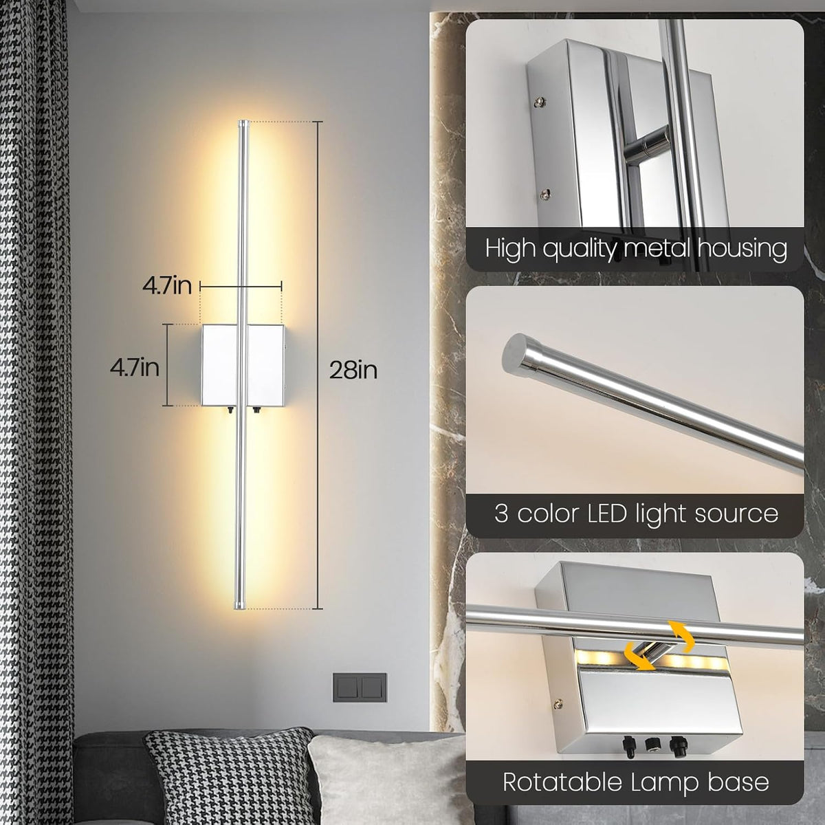 LED Wireless Battery Operated Wall Sconces, 11000mAh Rechargeable Chrome Wall Lights with Remote Control, 350°Rotate