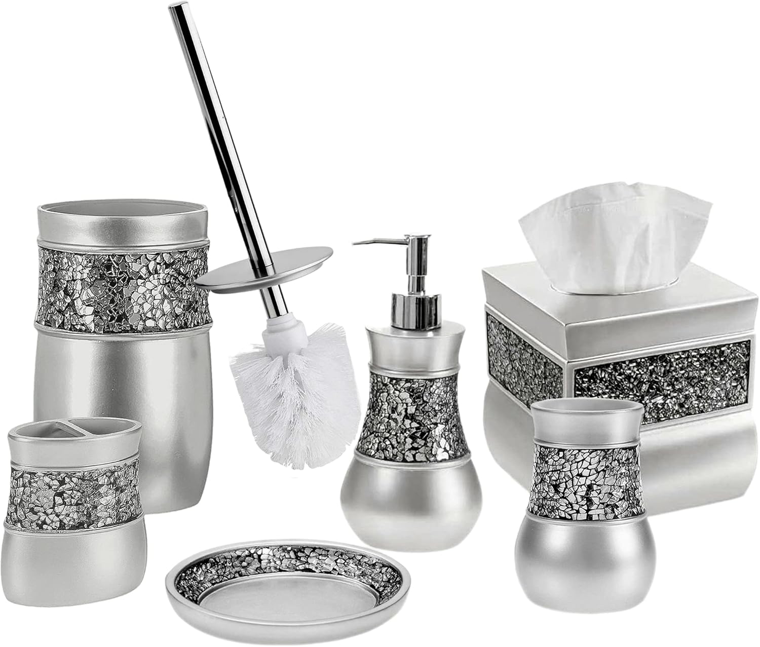 Creative Scents Crackled Glass Toilet Brush with Holder - Silver Toilet Bowl Cleaner Brush and Holder - Good Grip, Deep