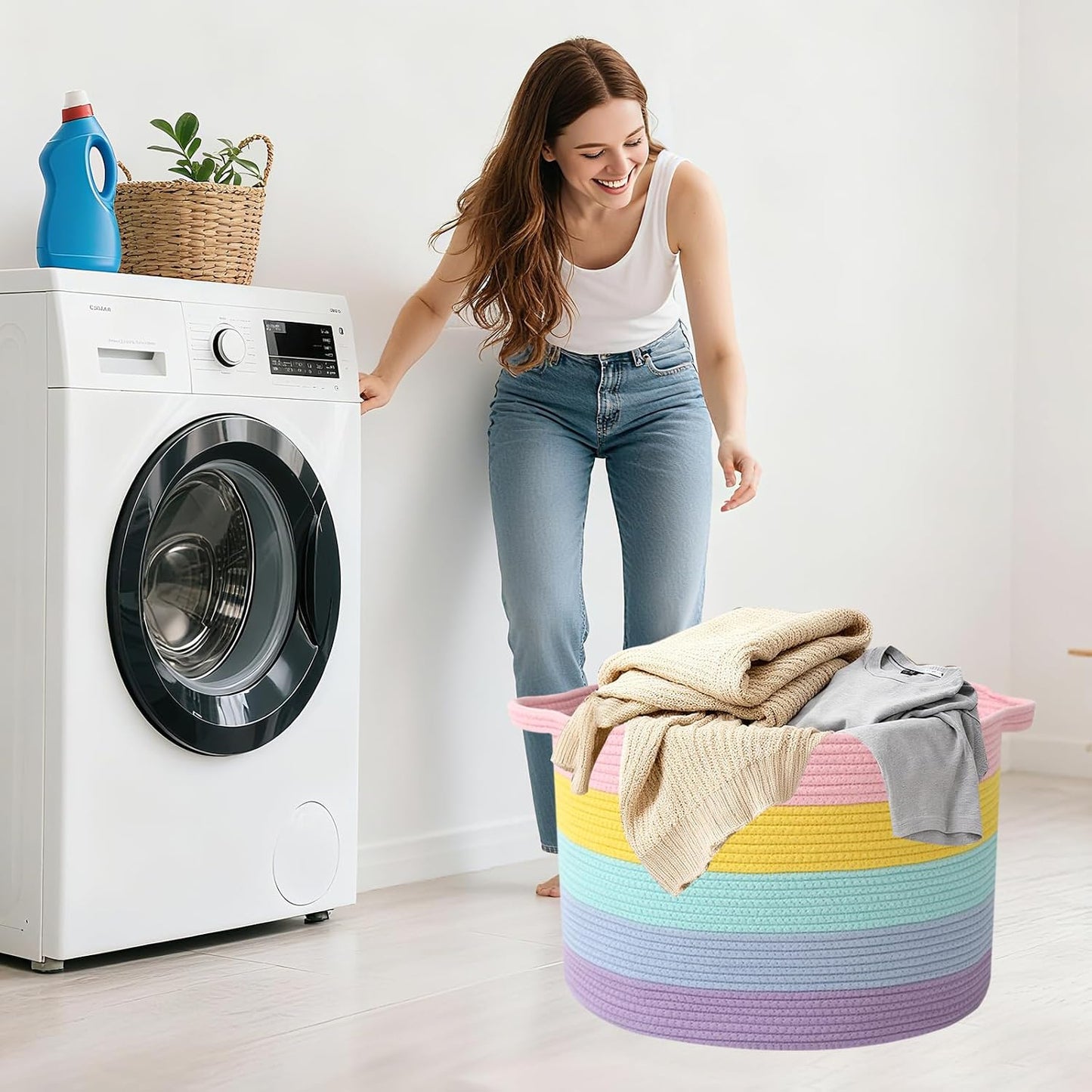 Woven Rope Laundry Basket Hamper / Colorful / 19.7"L x 19.7"W x 13"H