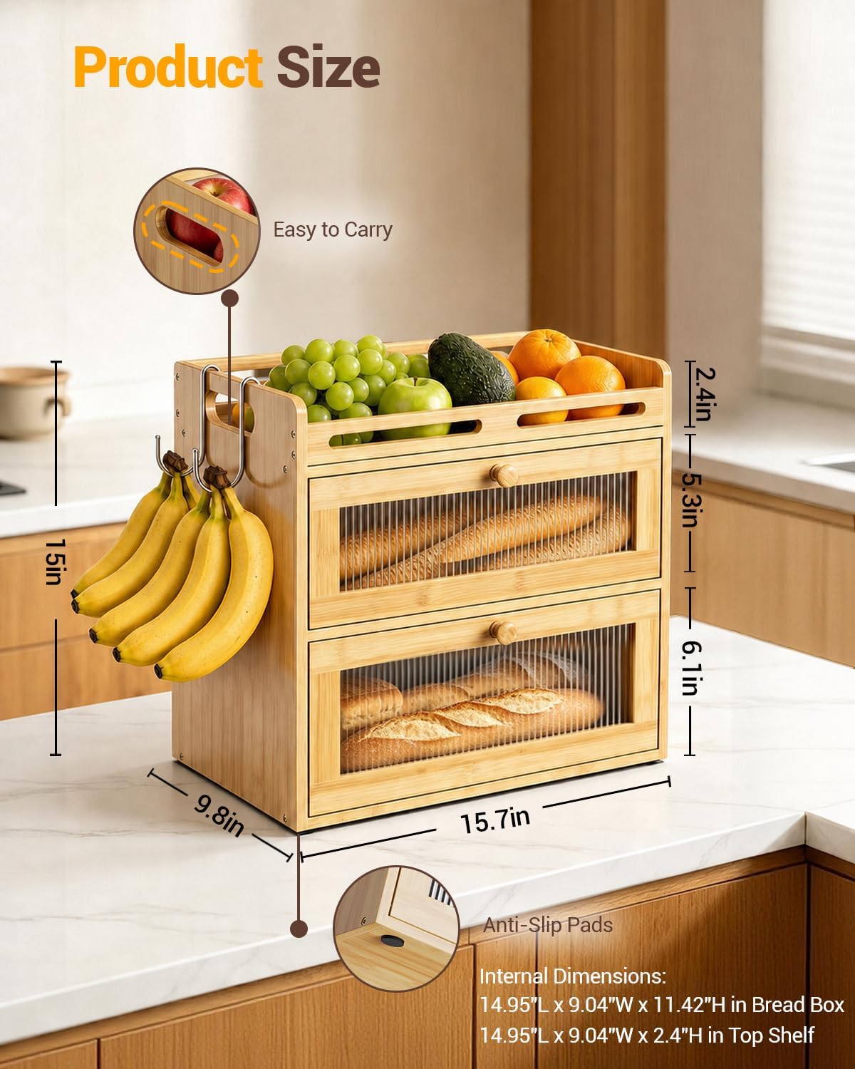 Bread Box for Kitchen Countertop, 2-Tier Bamboo Storage with Top Shelf | Large Capacity Bread Container, 2 Banana