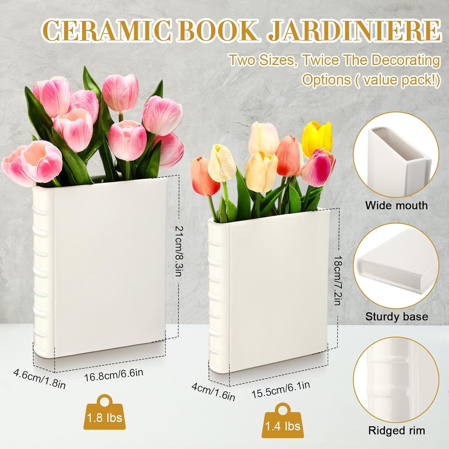 Ceramic Book Shape Vase for Flowers Gifts for Christmas Bookshelf Decor Vase / White / Set of 2