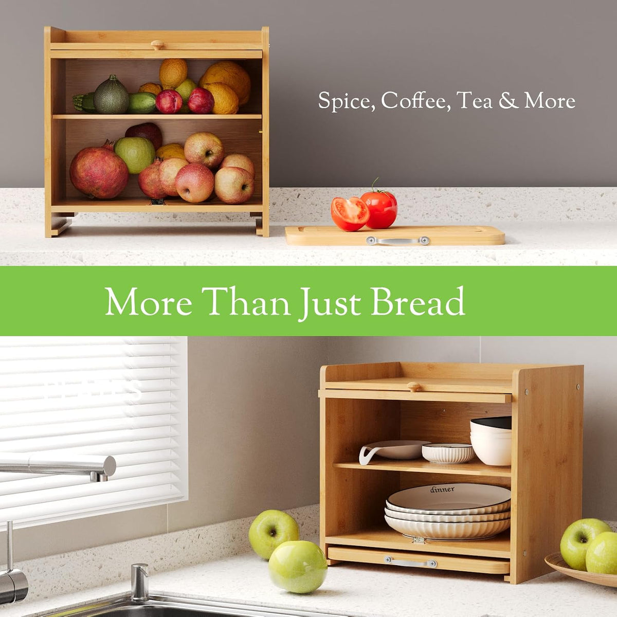 Bamboo Bread Box, Double Layer, Cutting Board, Kitchen, Natural | See-Inside Acrylic, Magnetic Closure, Countertop