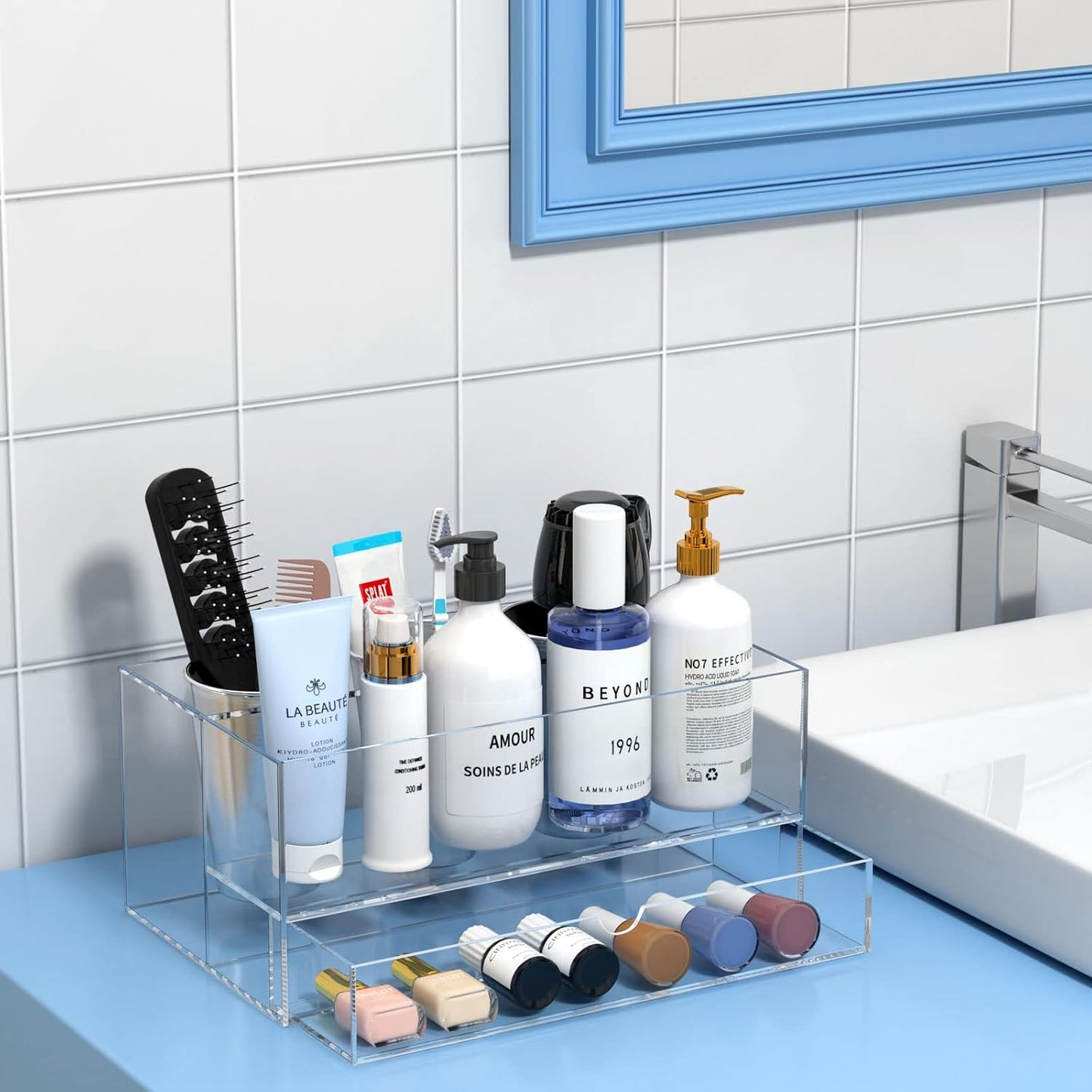NIUBEE Acrylic Hair Tool Organizer with Drawer, Hair Dryer Holder Organizer | Clear, Hot Tools Organizer Countertop
