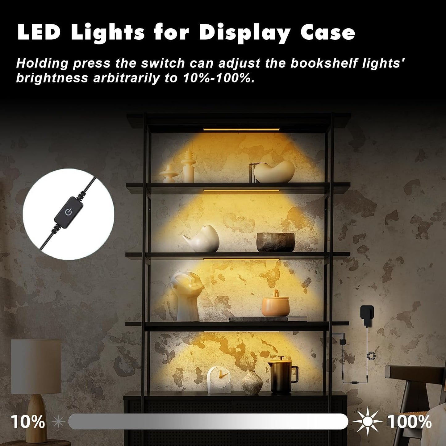 JUSJUBR Black Display Shelf Lighting, 4 Pack x12 Inch Display Lights for Display Case, LED Display Lights with Memory