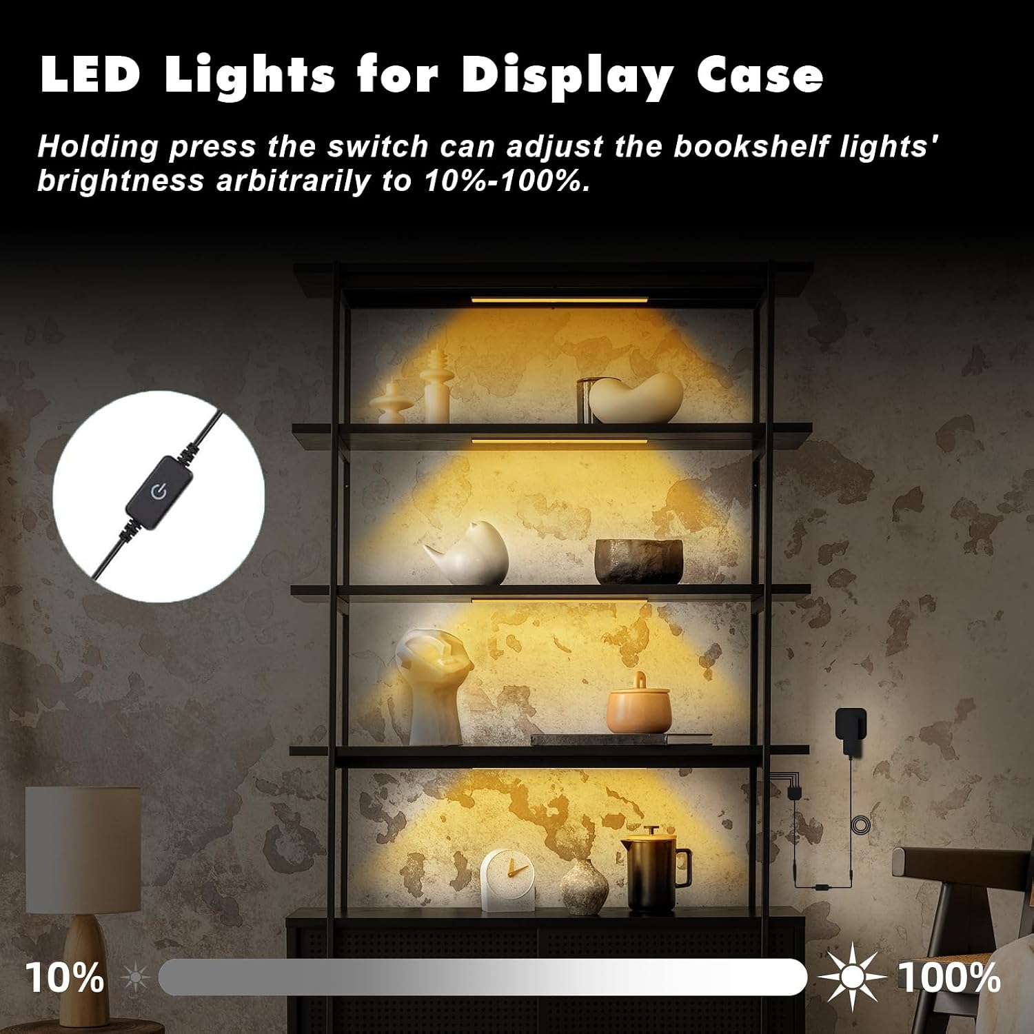 JUSJUBR Black Display Shelf Lighting, 4 Pack x12 Inch Display Lights for Display Case, LED Display Lights with Memory