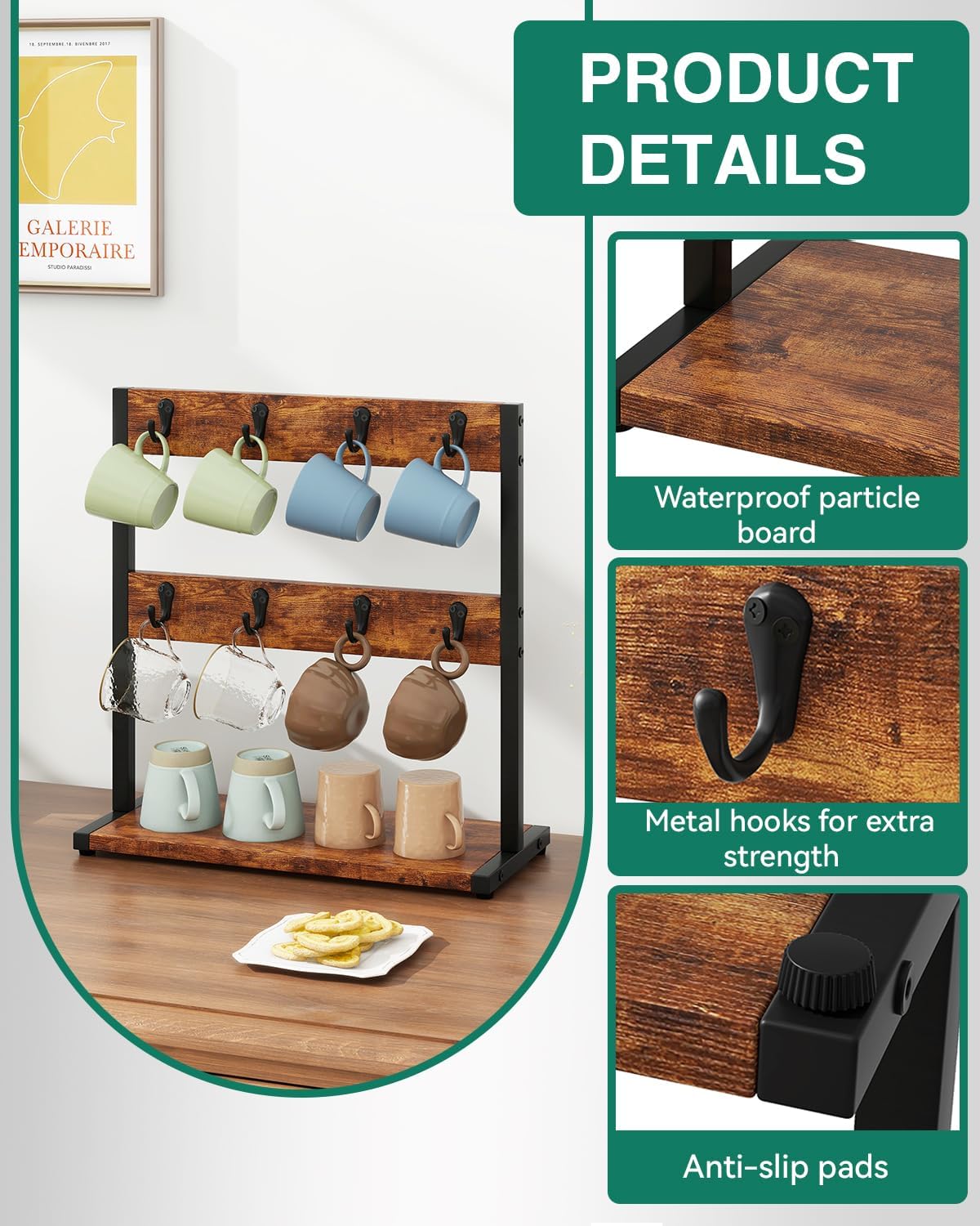IBUYKE Coffee Mug Holder for Countertop,16 Hook Mug Tree,Brown TBJ001H | Coffee Cup Holder Mug Display Organizer Mug