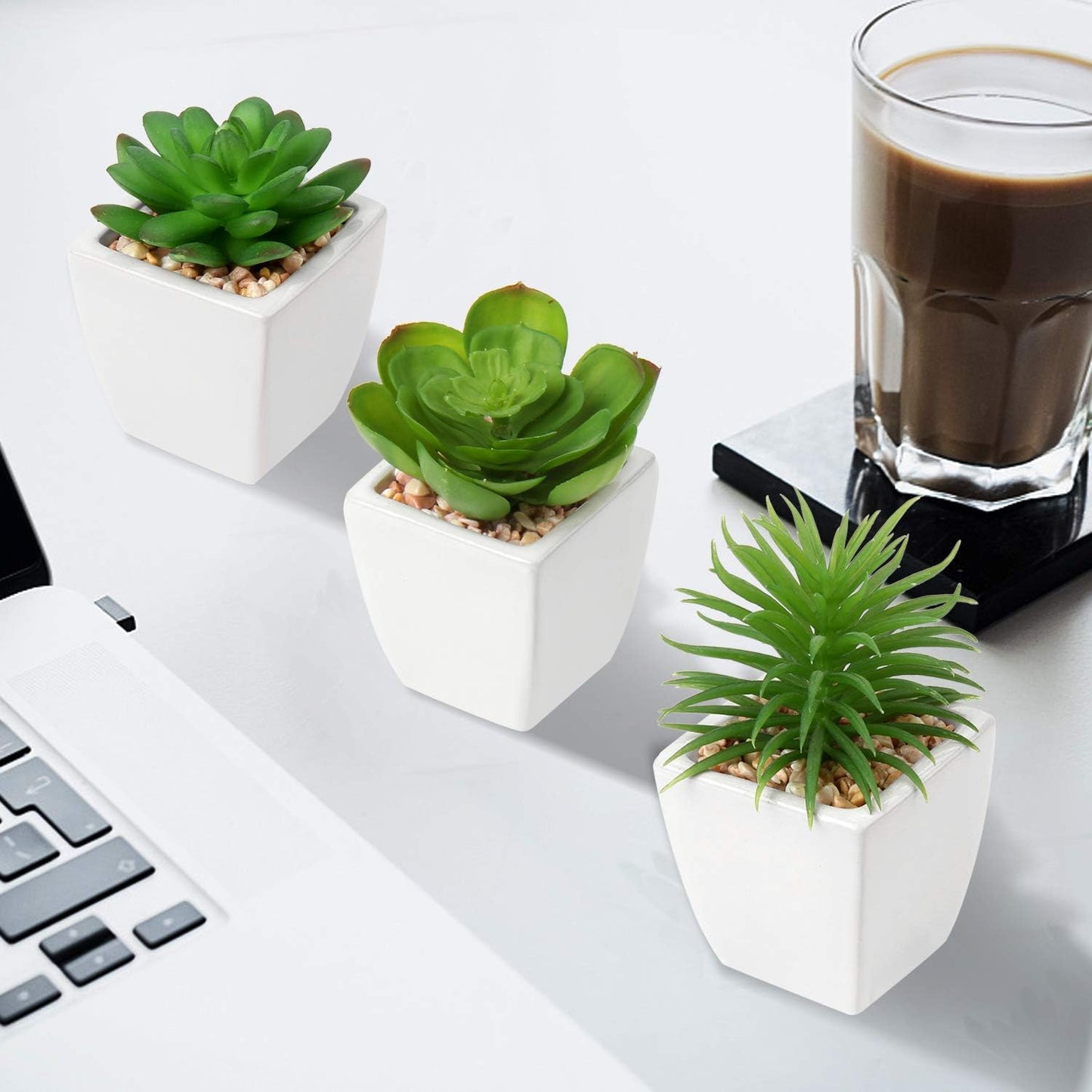 Succulents Plants Artificial Small Fake Succulents in Pots Faux Plastic / White Ceramic 1 / Set of 3