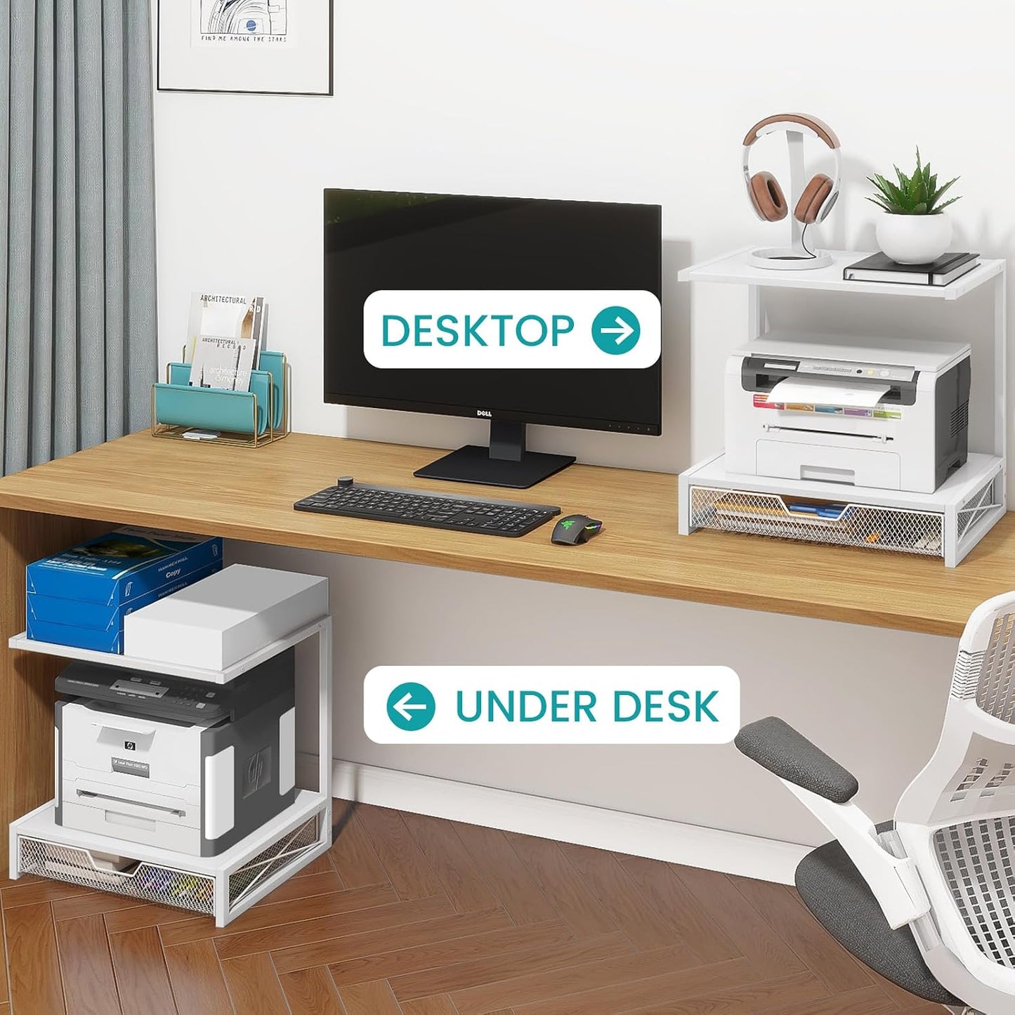 ELITEROO Printer Stand for Desk with Storage Drawer, 2 Tier Desk Shelf | Wood Desktop Organizer for Home Office, Fits
