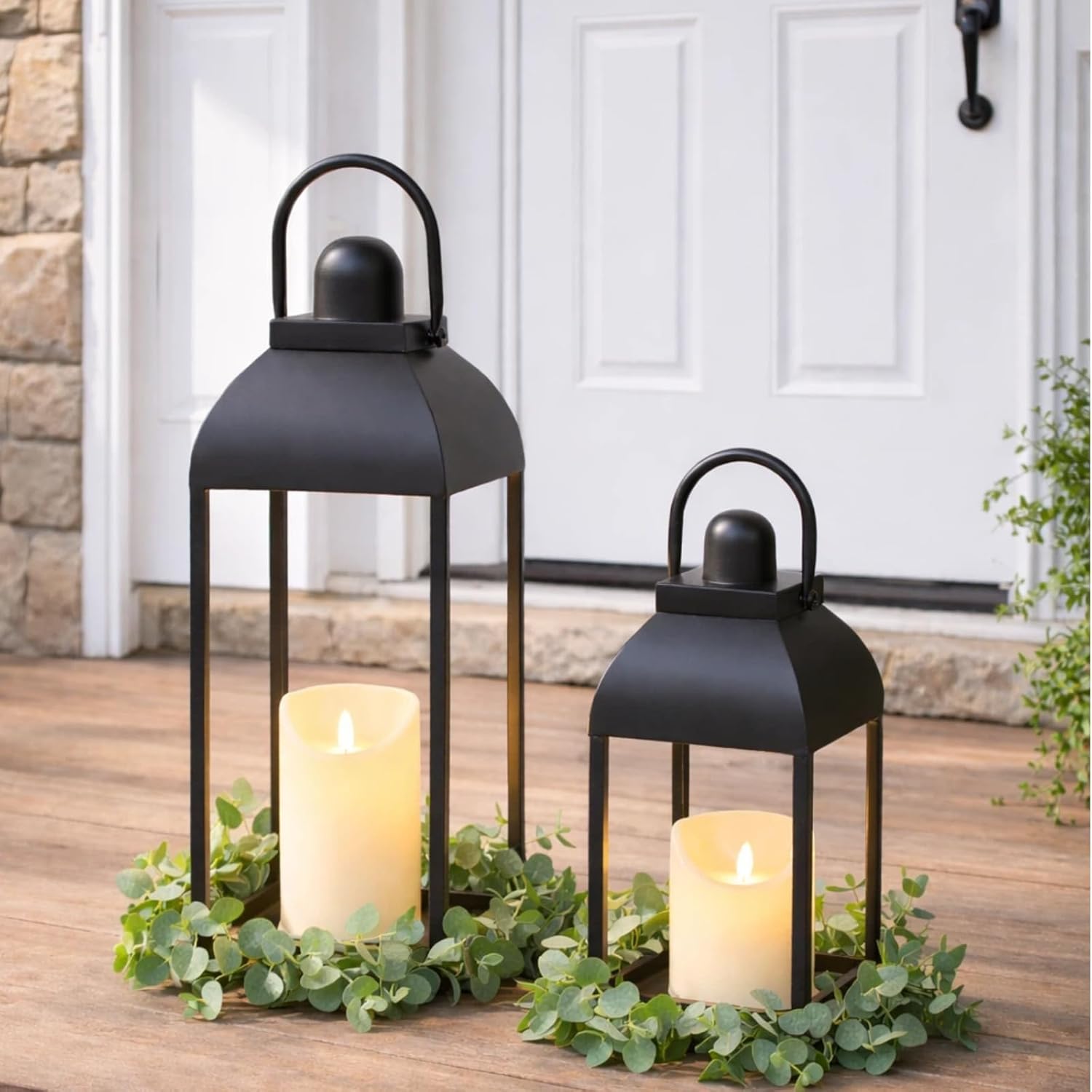 Lanterns Decorative Outdoor Indoor, 17'' 13'' Black Metal Outdoor Lanterns | Set of 2 Modern Farmhouse Candle Lantern