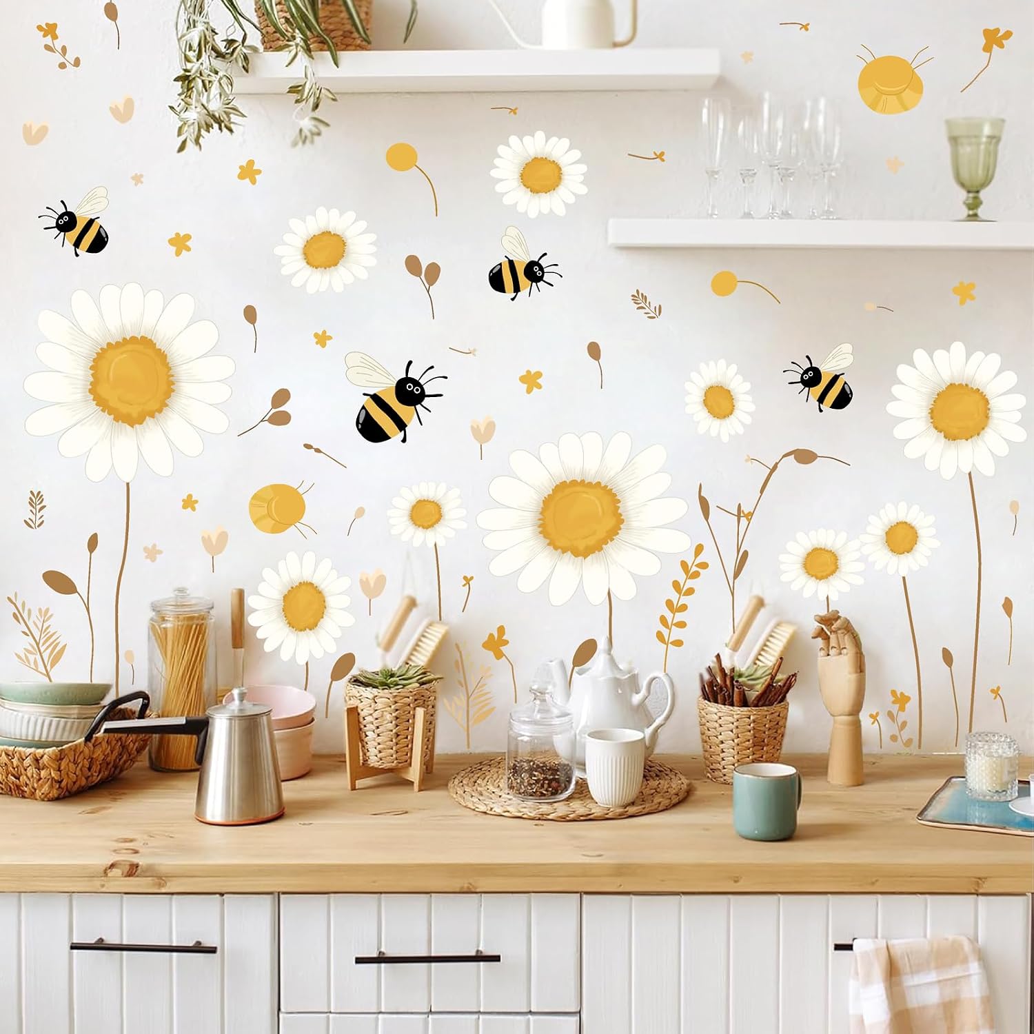 Daisy Floral Wall Stickers Boho Daisy Flower Vinyl Wall Decor for Baby Kids Bedroom / White&yellow