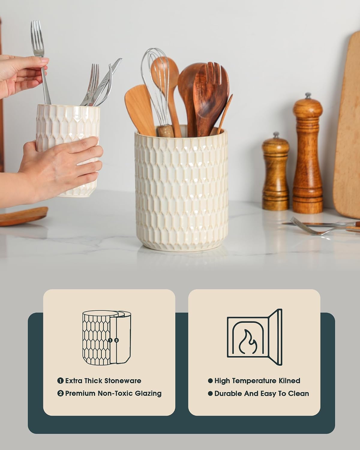 Utensil Holder Set of 2, Large & Small Ceramic Crocks for Kitchen | Countertop, Farmhouse Kitchen Decor, Thick Durable