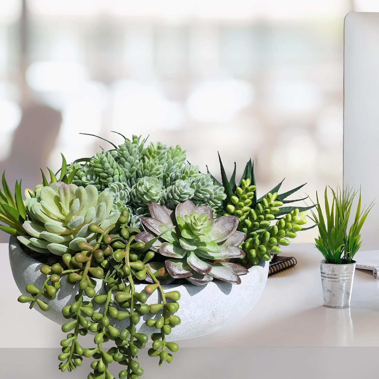 9" Artificial Succulent Arrangement Succulent Plants in Gray Round Planter Faux Potted / Grey