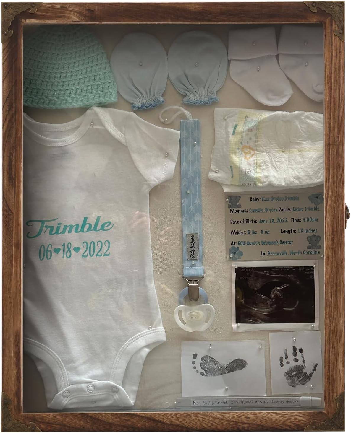 Shadow Box Frame 13x16, Large Memory Display Case with Retro Metal Corner Accents, Carbonized Wood Frame, Linen Back