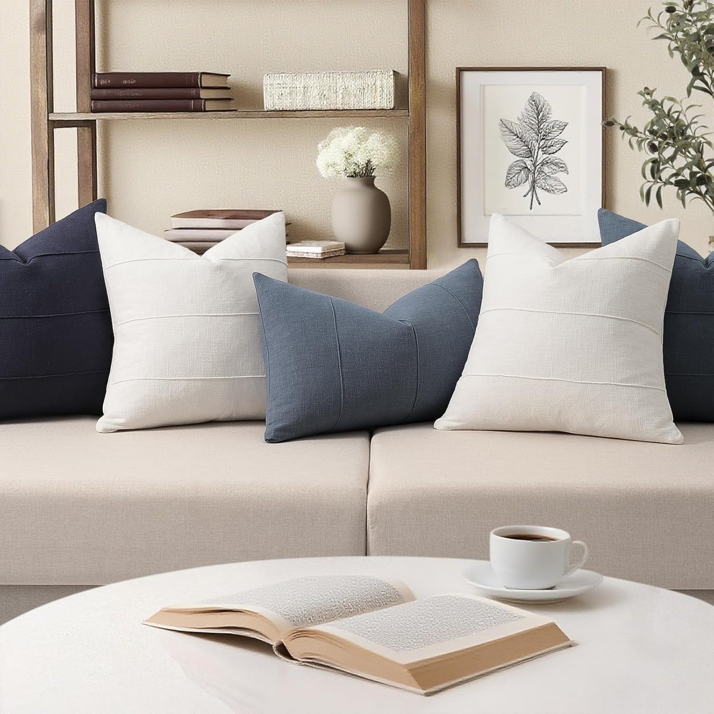 Decorative Linen Throw Pillow Covers Solid handcrafted Striped / Cream White / 18 x 18 / Set of 2