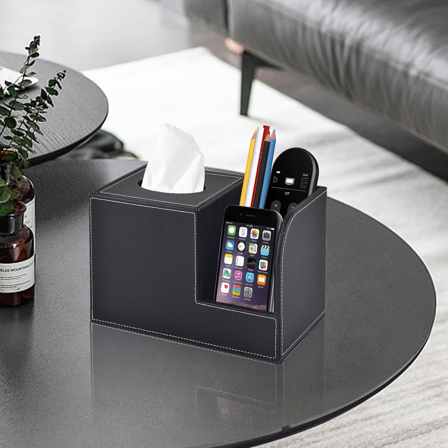 PU Leather Tissue Box Cover with Storage Square-Multifunctional Tissue Holder,Remote Control Holder,Decorative Tissues