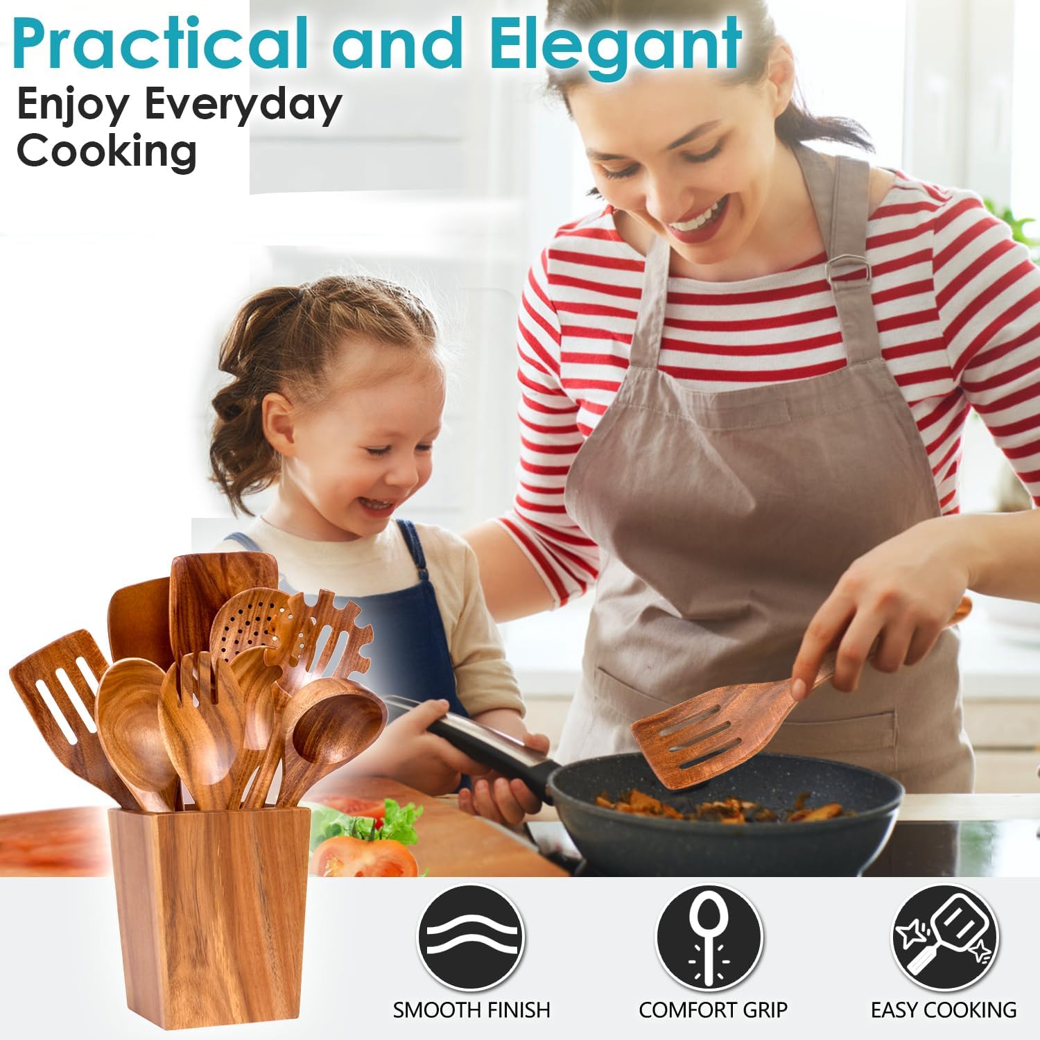 HOWHONG Wooden Spoons for Cooking, 11-Piece Wooden Utensil Set with Holder | Acacia Wood, Wooden Cooking Utensils