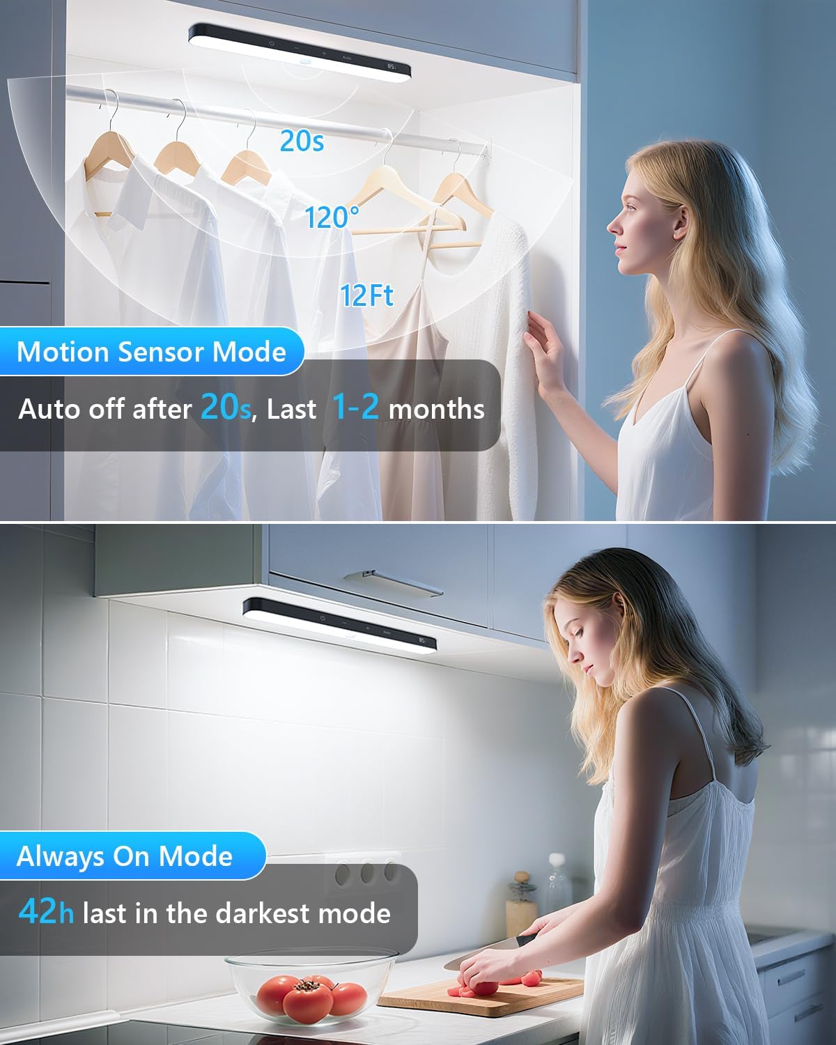 Ferswe Under Cabinet Lights Rechargeable, Battery Level Display, 60 LED Motion Sensor Cabinet Light, Dimmable Touch