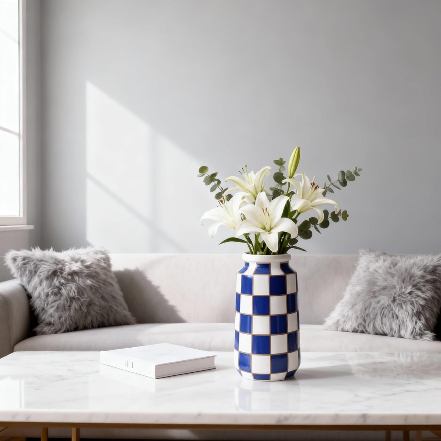 White Ceramic Vase / Blue