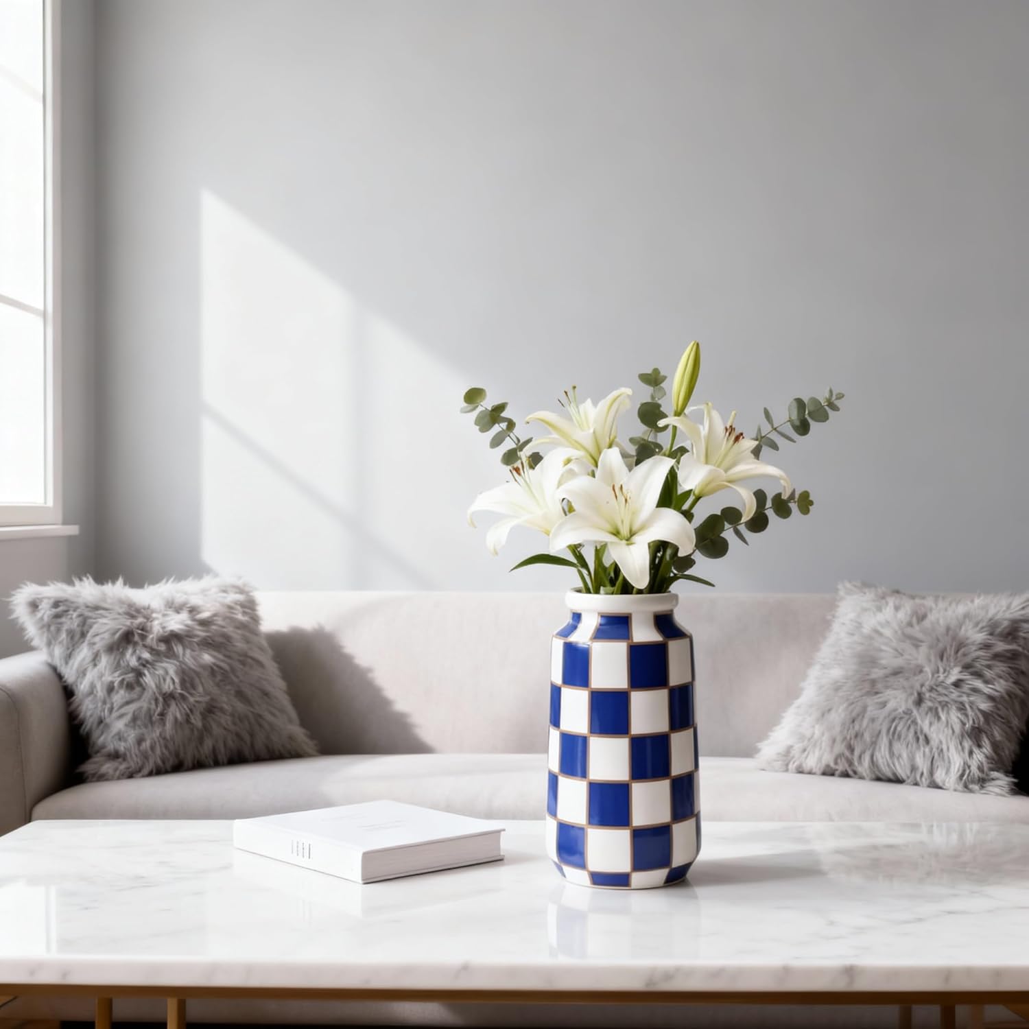 White Ceramic Vase / Blue