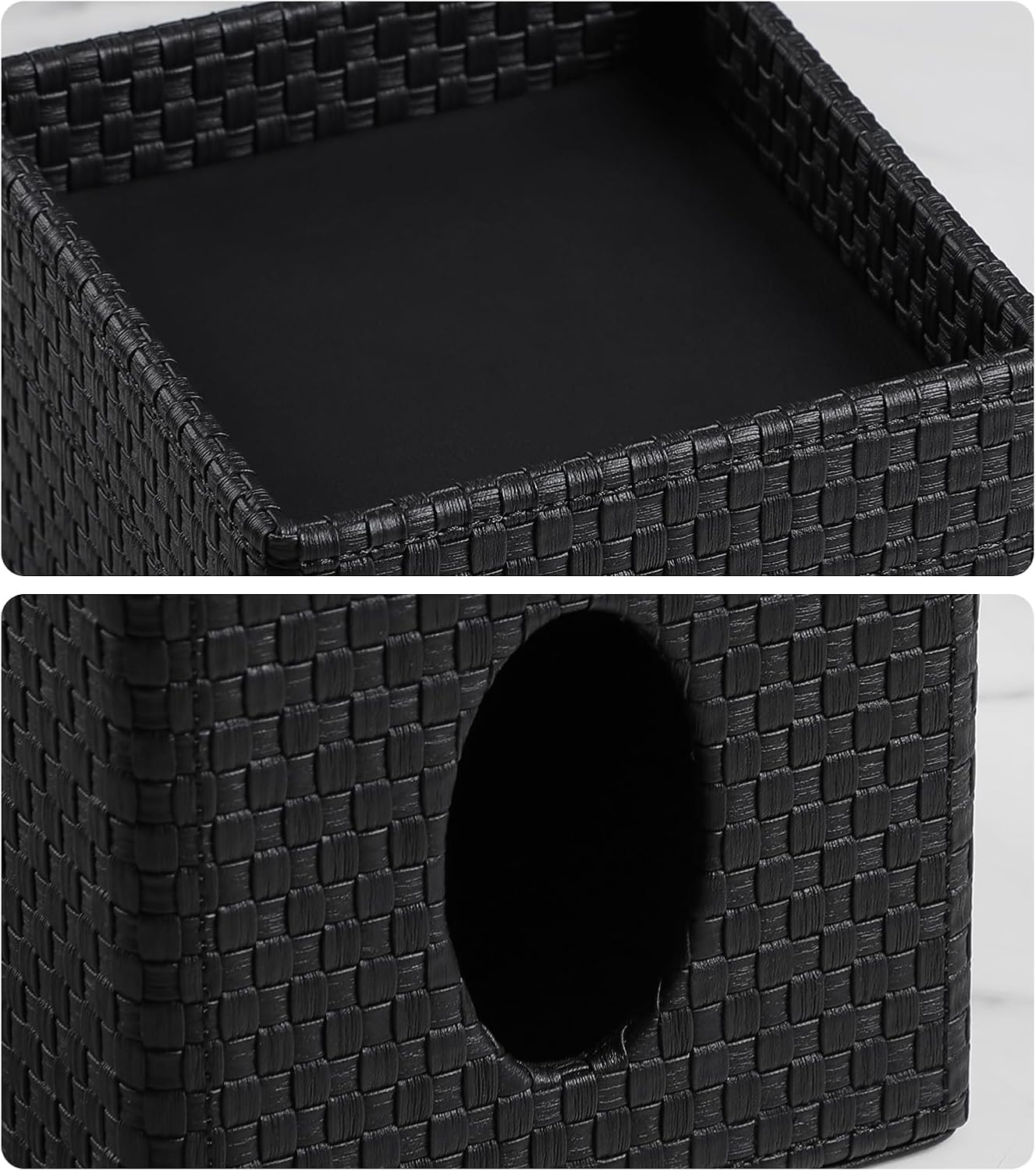 Storage Tray / Square Tissue Box Cover / Black Woven Pattern