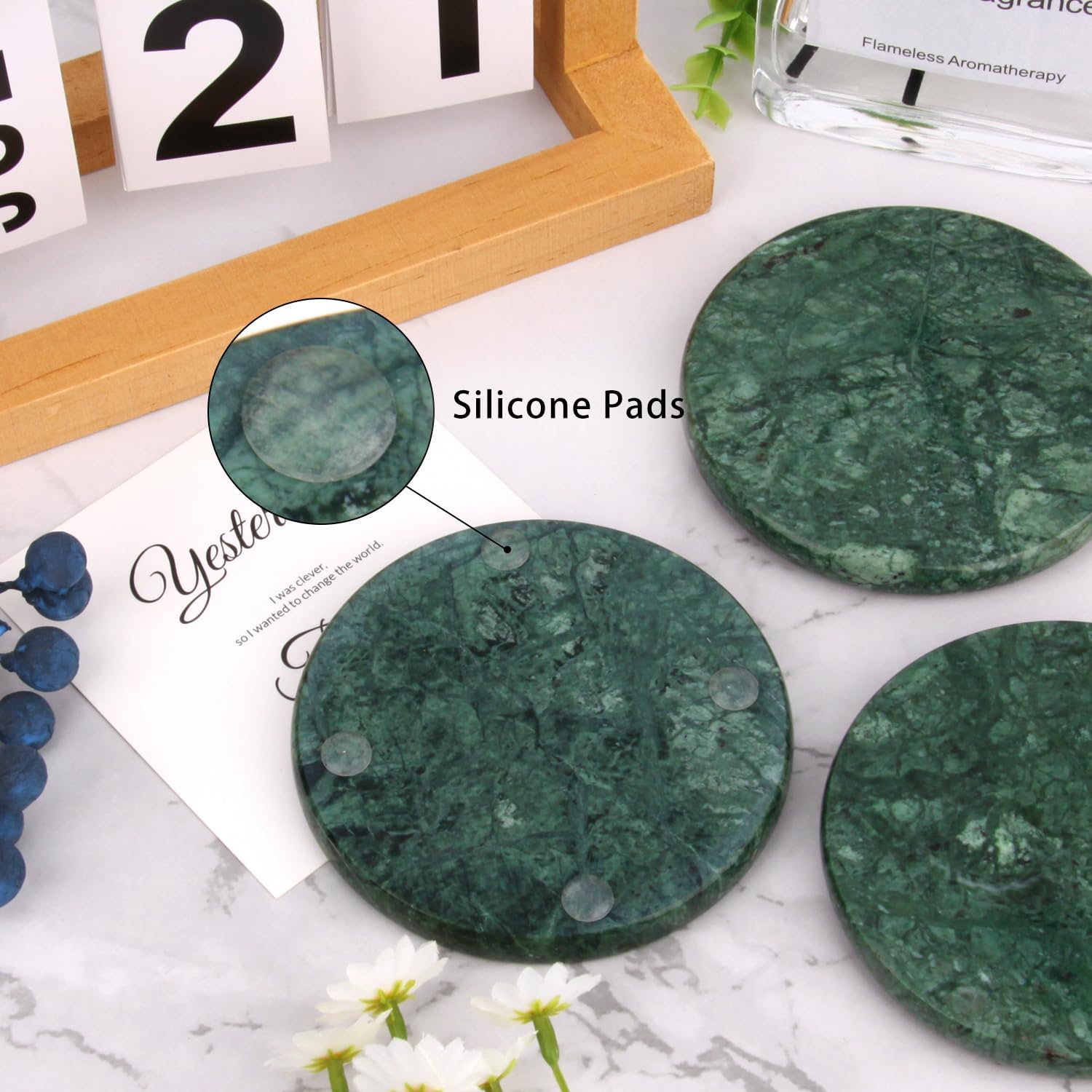 Natural Marble Coasters / Blackish Green / Round / 4 Inch / Set of 4