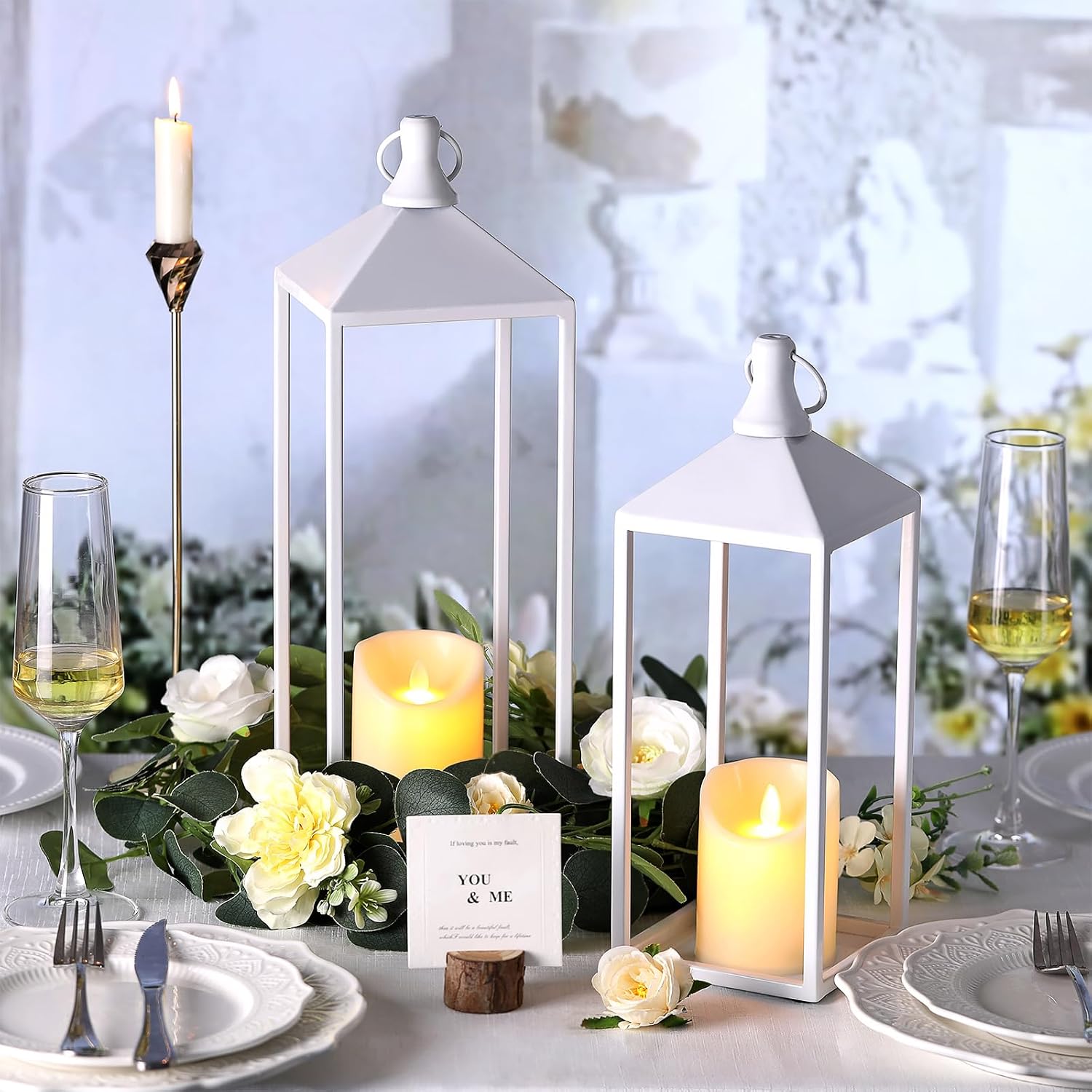 White Decorative Lantern Decor 17" 13" Set of 2 Wedding Lantern with Candle | White Candle Lanterns Decorative Modern