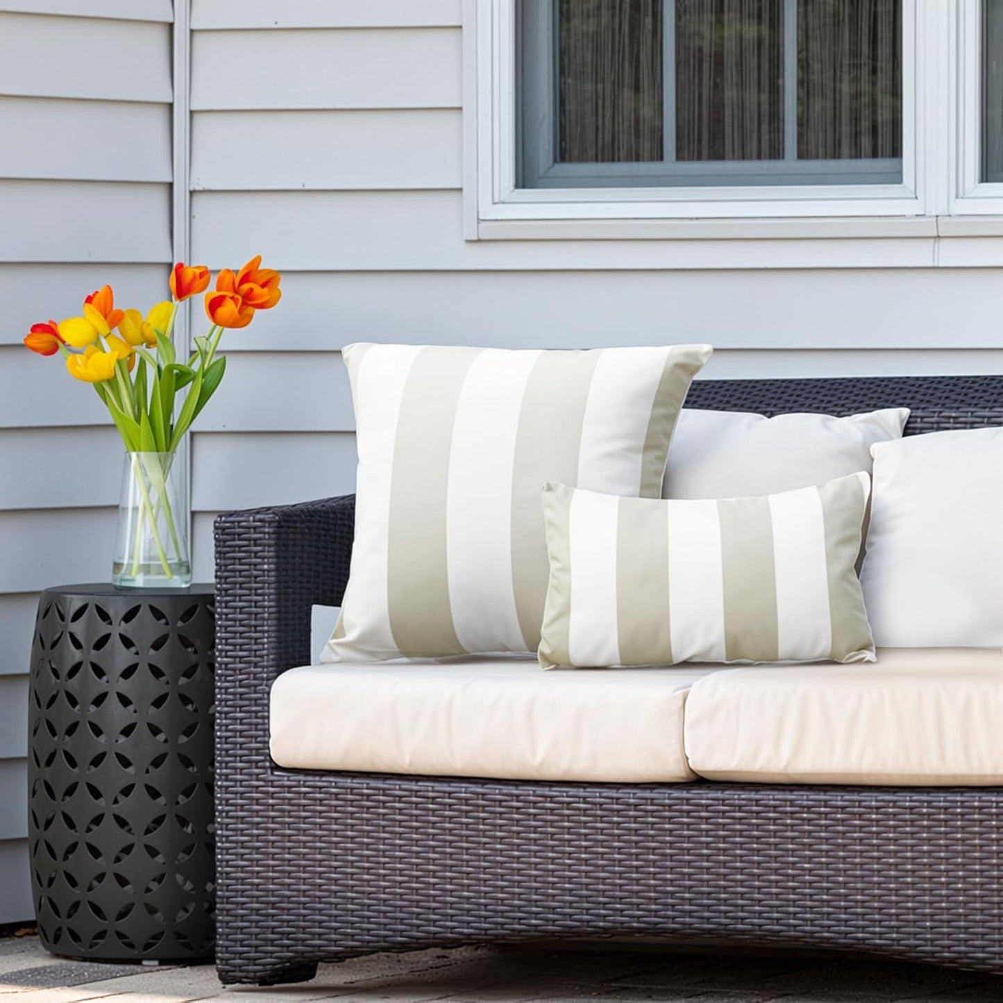 Western Home Outdoor Waterproof Striped Throw Pillow Covers / Sand and White / 18 x 18 / Set of 2