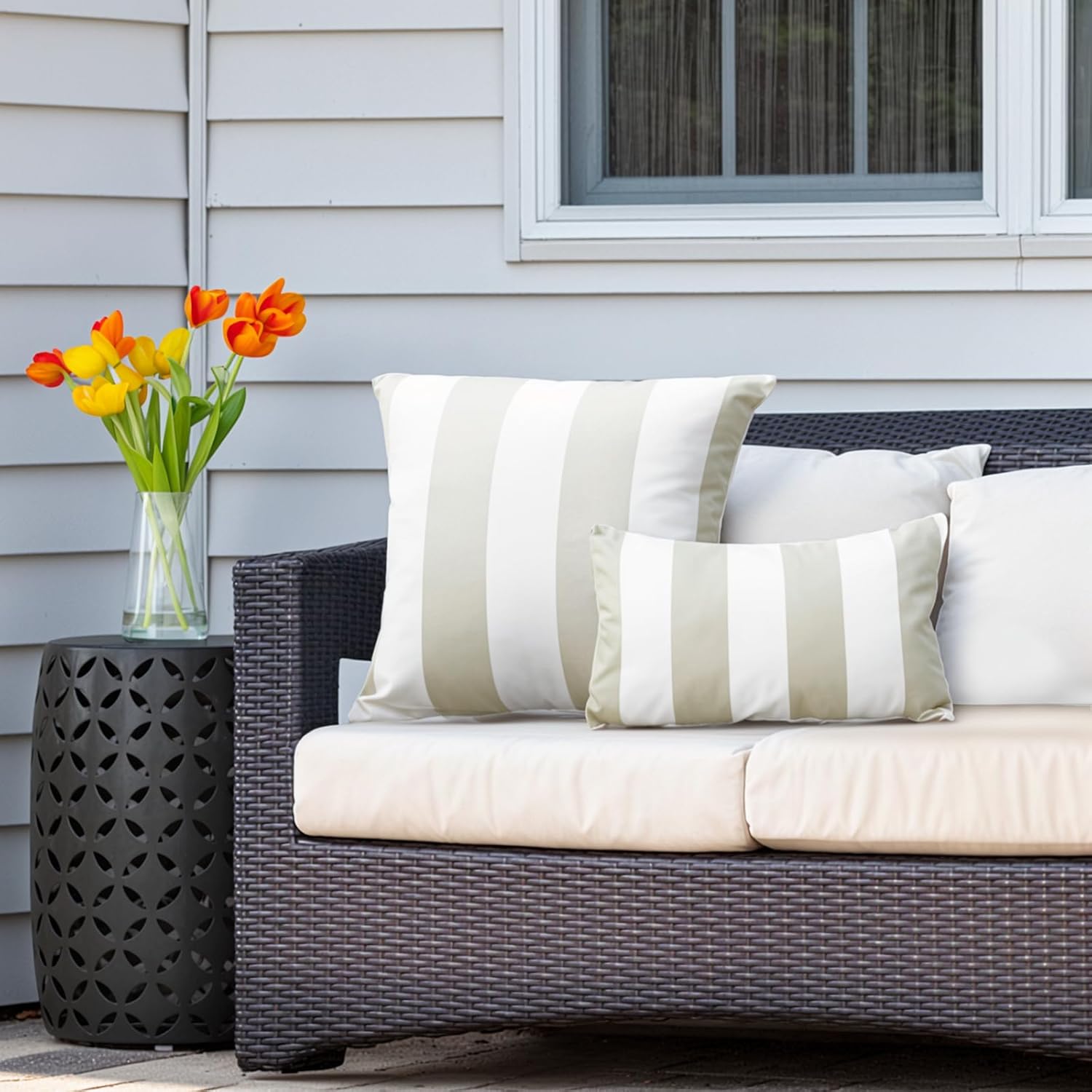 Western Home Outdoor Waterproof Striped Throw Pillow Covers / Sand and White / 18 x 18 / Set of 2