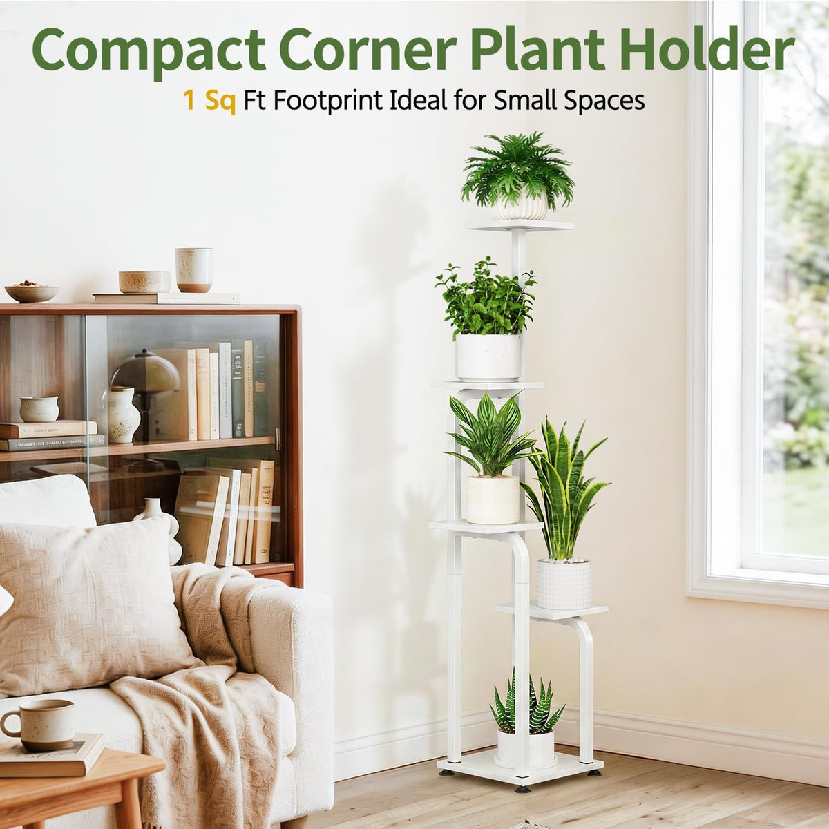LASZOLA Plant Stand Shelf Tall for Indoor Corner Flower Rack, 5 Tier White | Modern Multiple Display with Wooden Tray