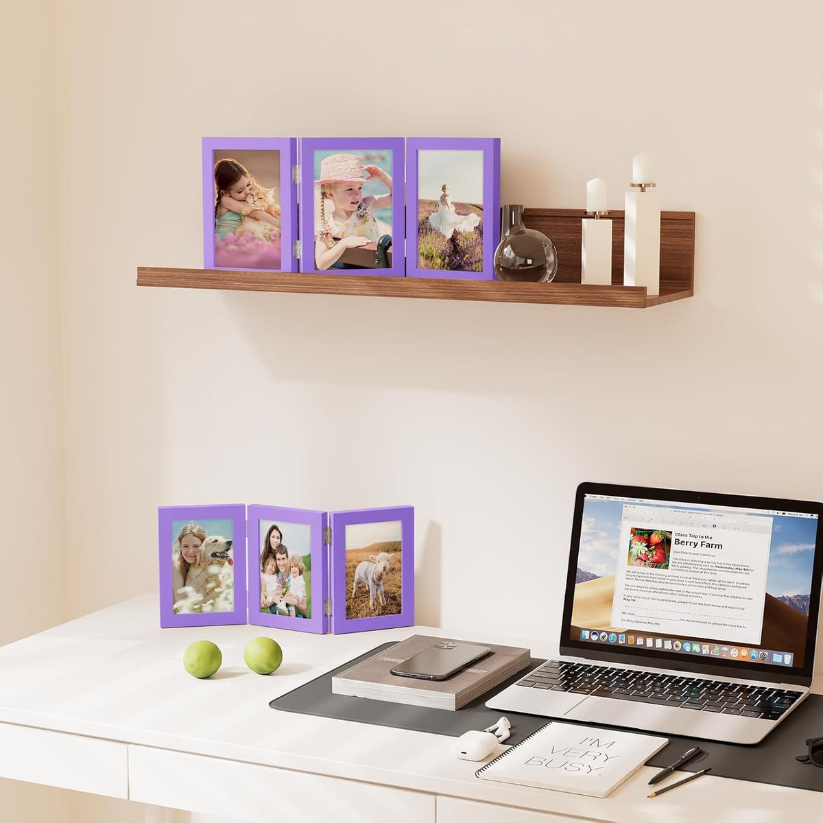 decorUhome Purple Triple 5x7 Picture Frame Vertical, MDPP08 | "Z" Shape Folding Design Engineered Wood Trifold Photo