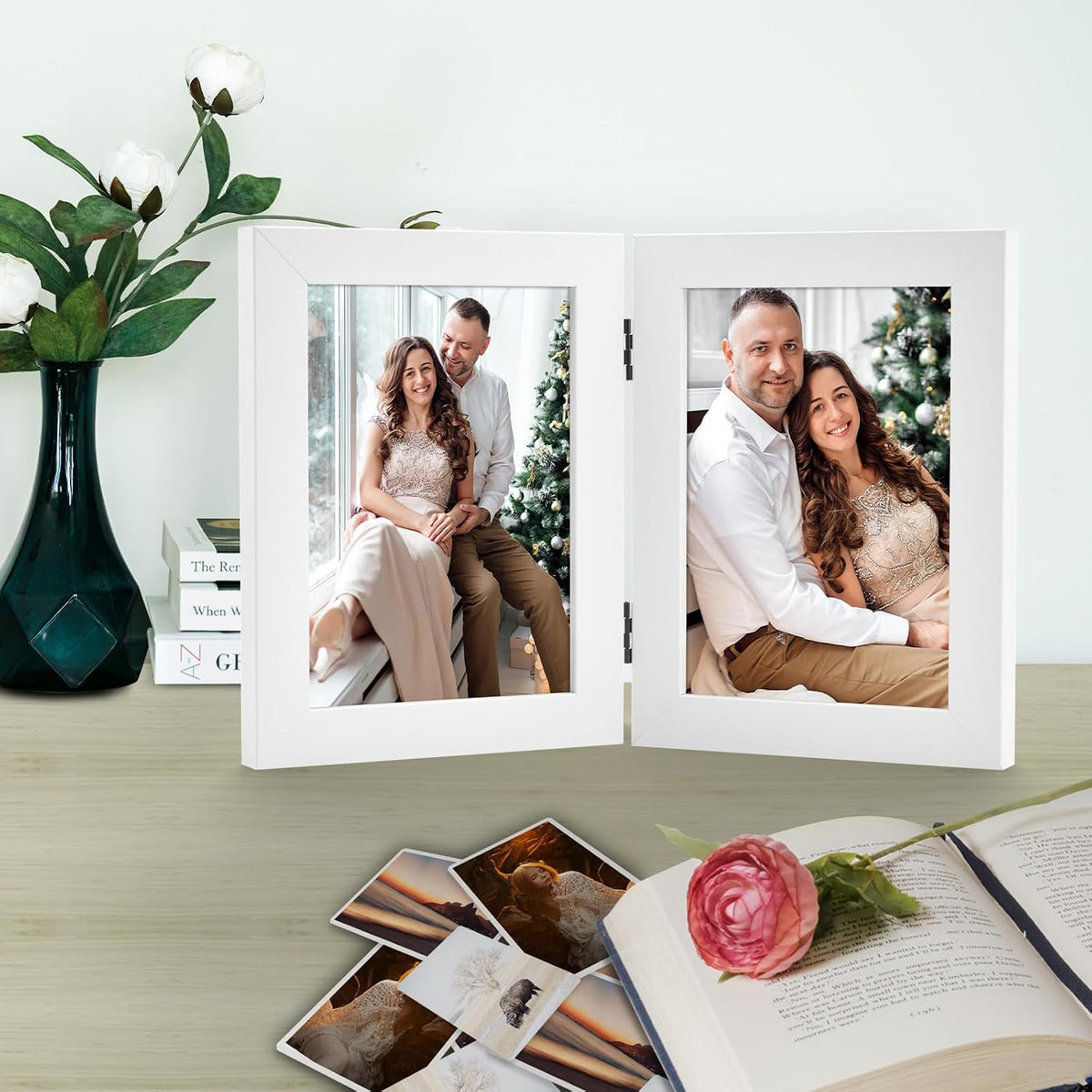 Frametory, 5x7 Double Picture Frame White, 10 Pack | Real Glass Front, Hinged 2 Photos Collage, Side by Side Standing