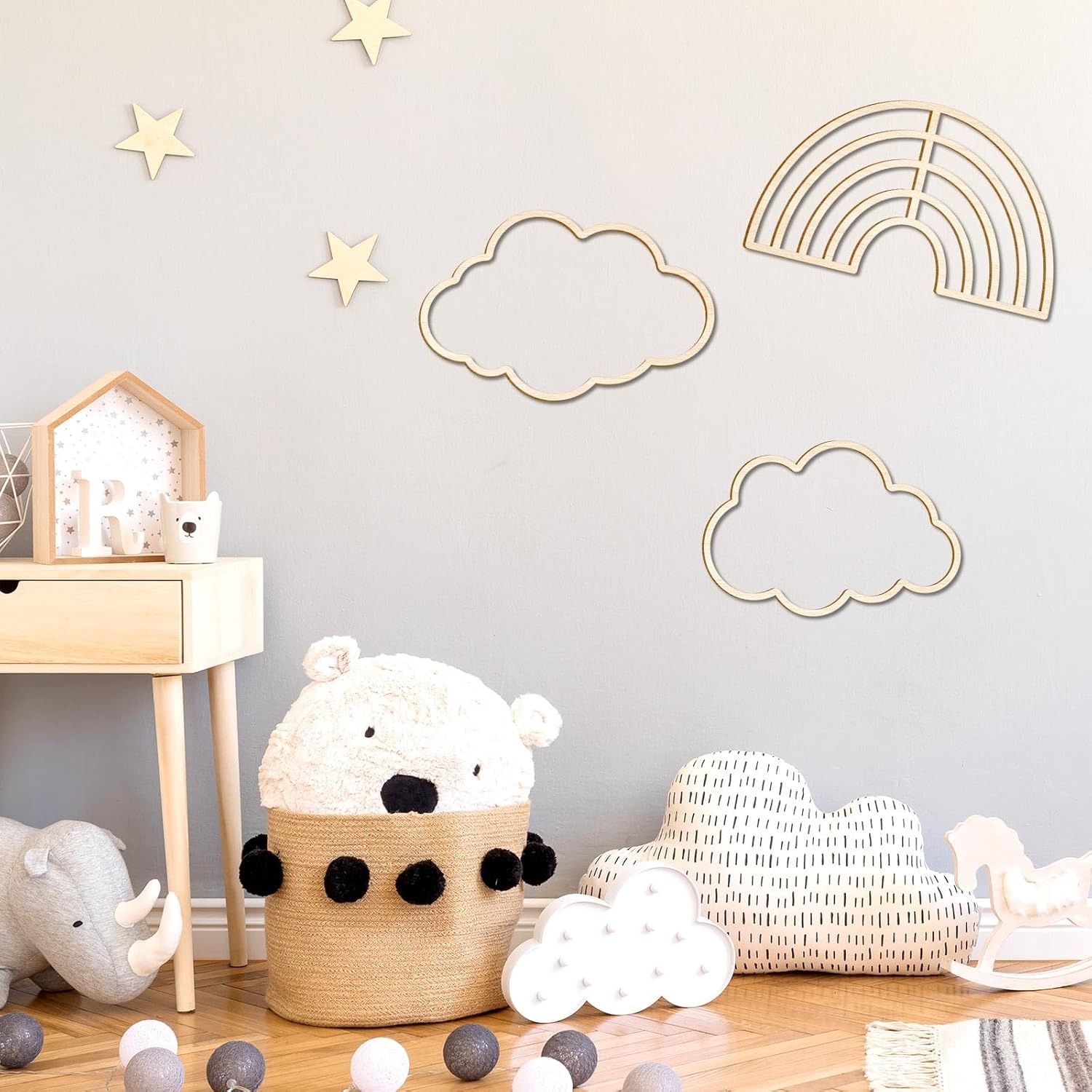 Boho Nursery Cloud Star Wall Decor Wooden Babyroom Moon Rattan Wall / Cloud, Rainbow, Sun / Set of 4