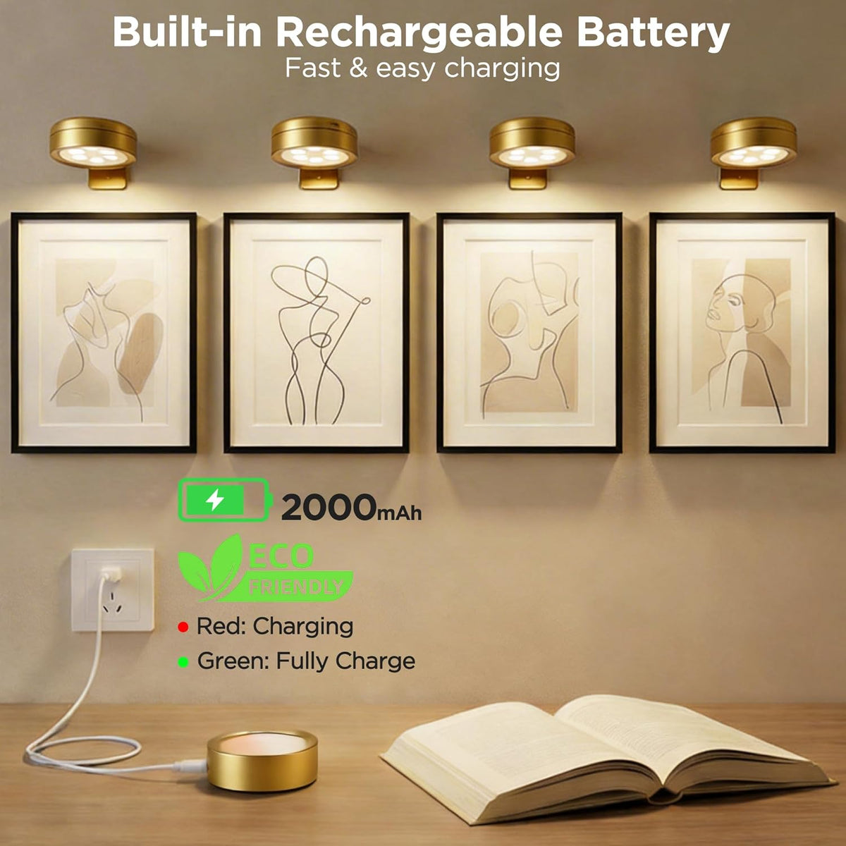 4-Pack Picture Lights for Wall, Rechargeable Cordless Poster Lights, Gold | LED Magnetic Painting Lights with