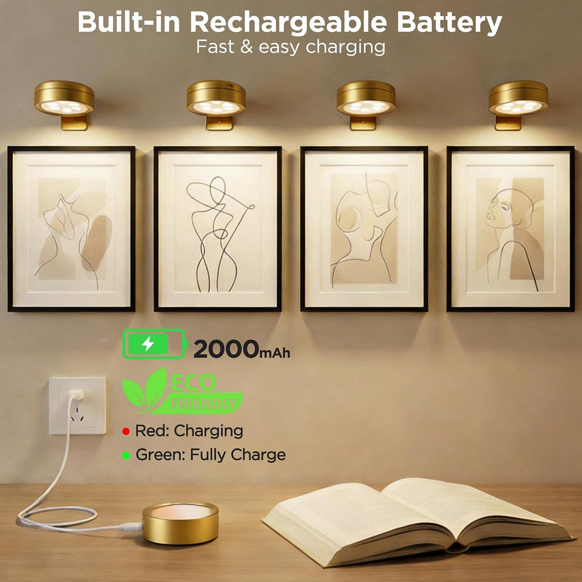 6-Pack Picture Lights for Wall, Rechargeable Cordless Poster Lights, Gold | LED Magnetic Painting Lights with