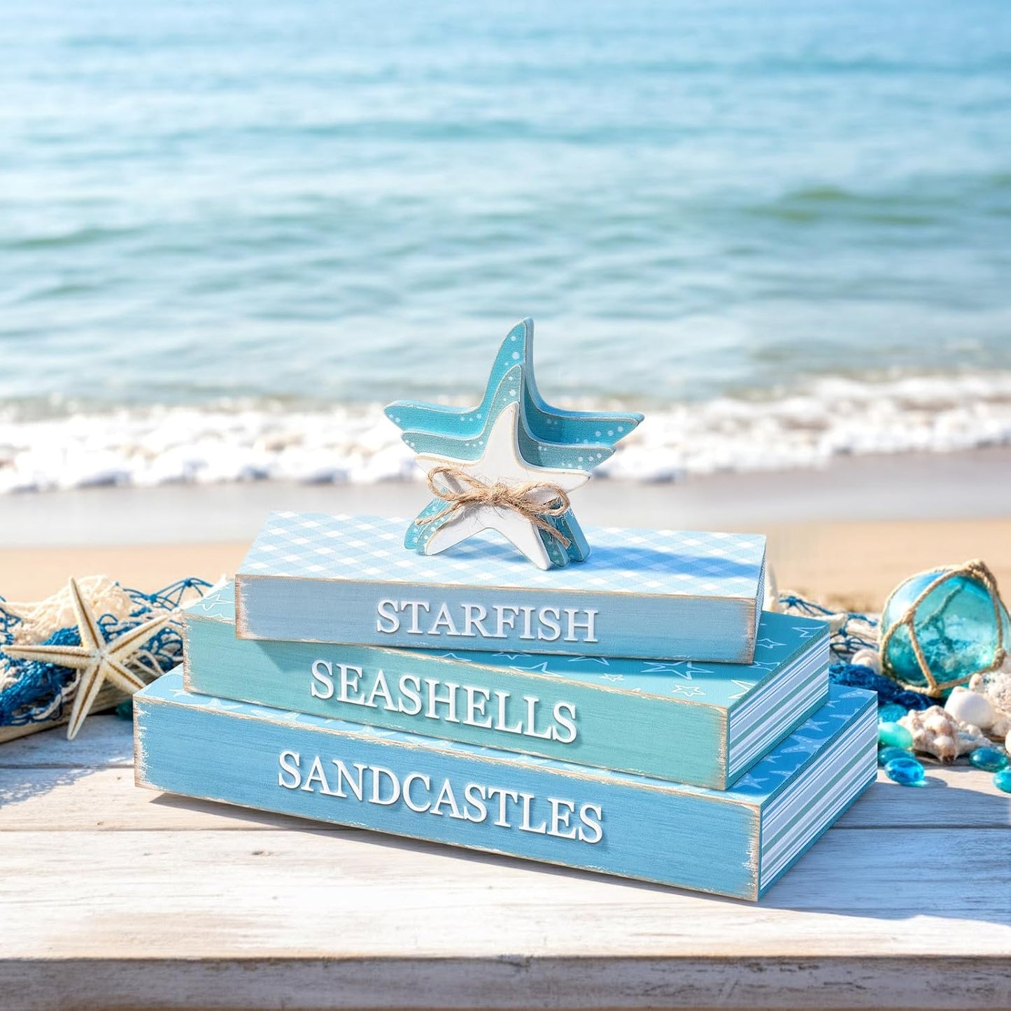 Wooden Coastal Decorative Books / Summer Starfish / Set of 4