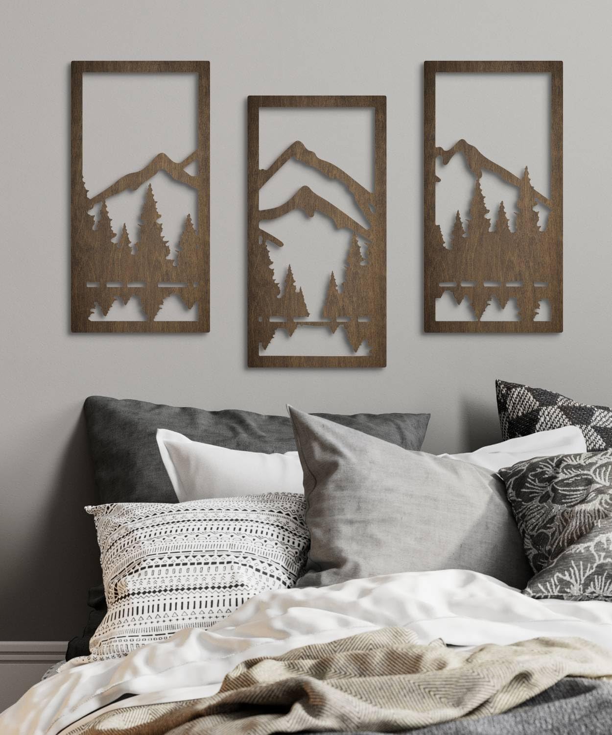 3-Piece Forest Wood Wall Art Set / Mountain / Natural