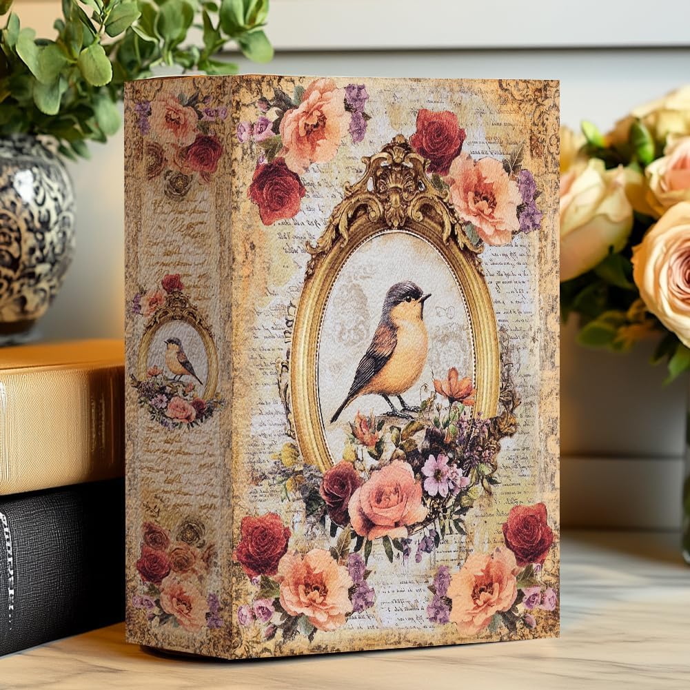 Floral Bird Fake Book Box Decorative Books Boxes Wood / Floral and Bird