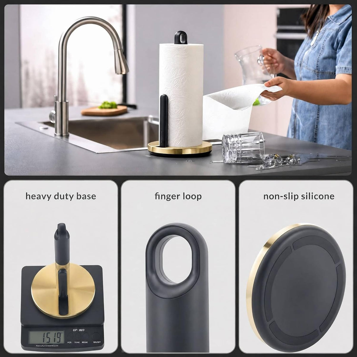 simpletome ONE Hand Tear Paper Towel Holder Countertop (Brushed Gold) | tension arm, tear one/more sheets at one time