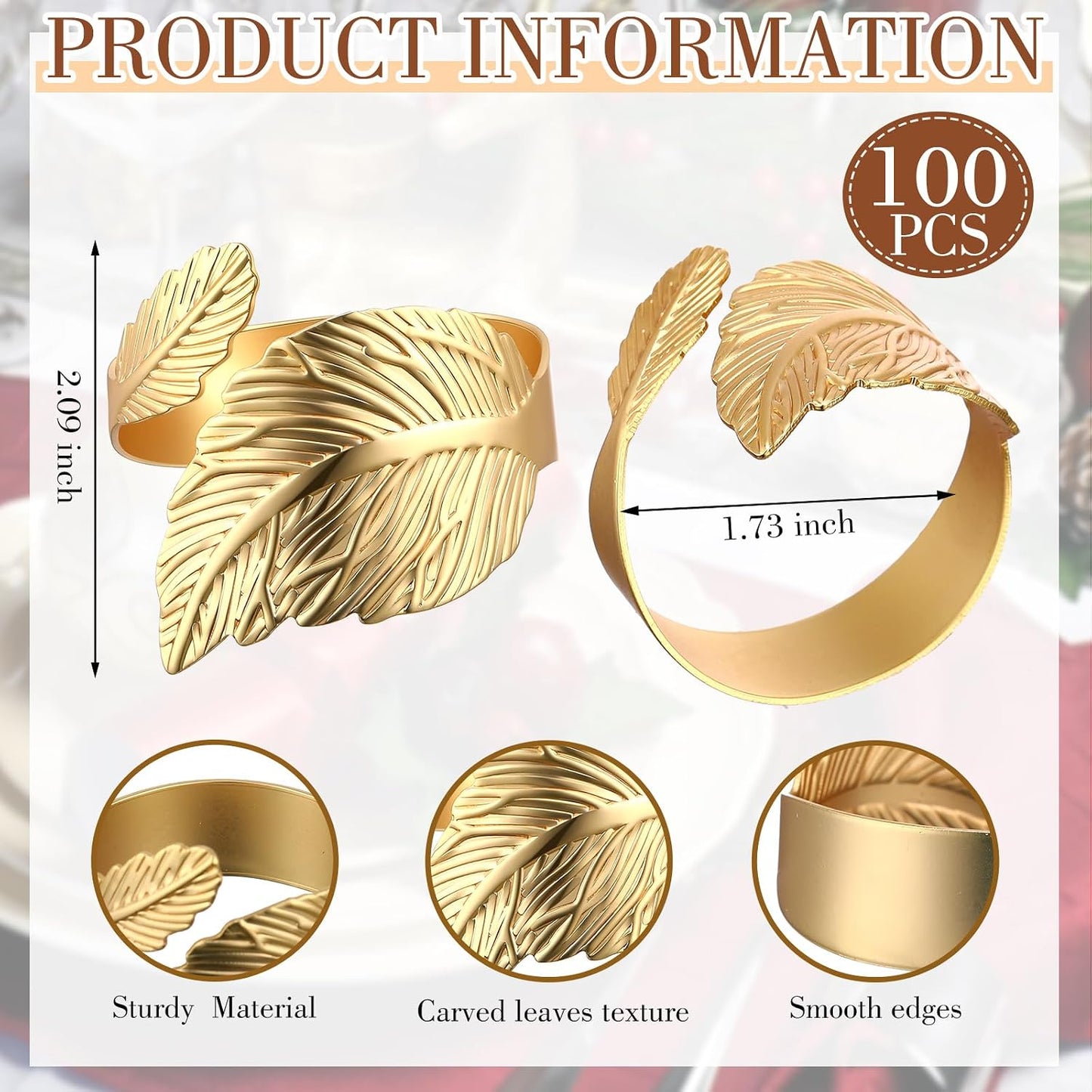 100 Pcs Gold Napkin Rings, Metal Leaf Shaped Holders for Wedding | Shiny Leaf Design, For Celebrations Receptions