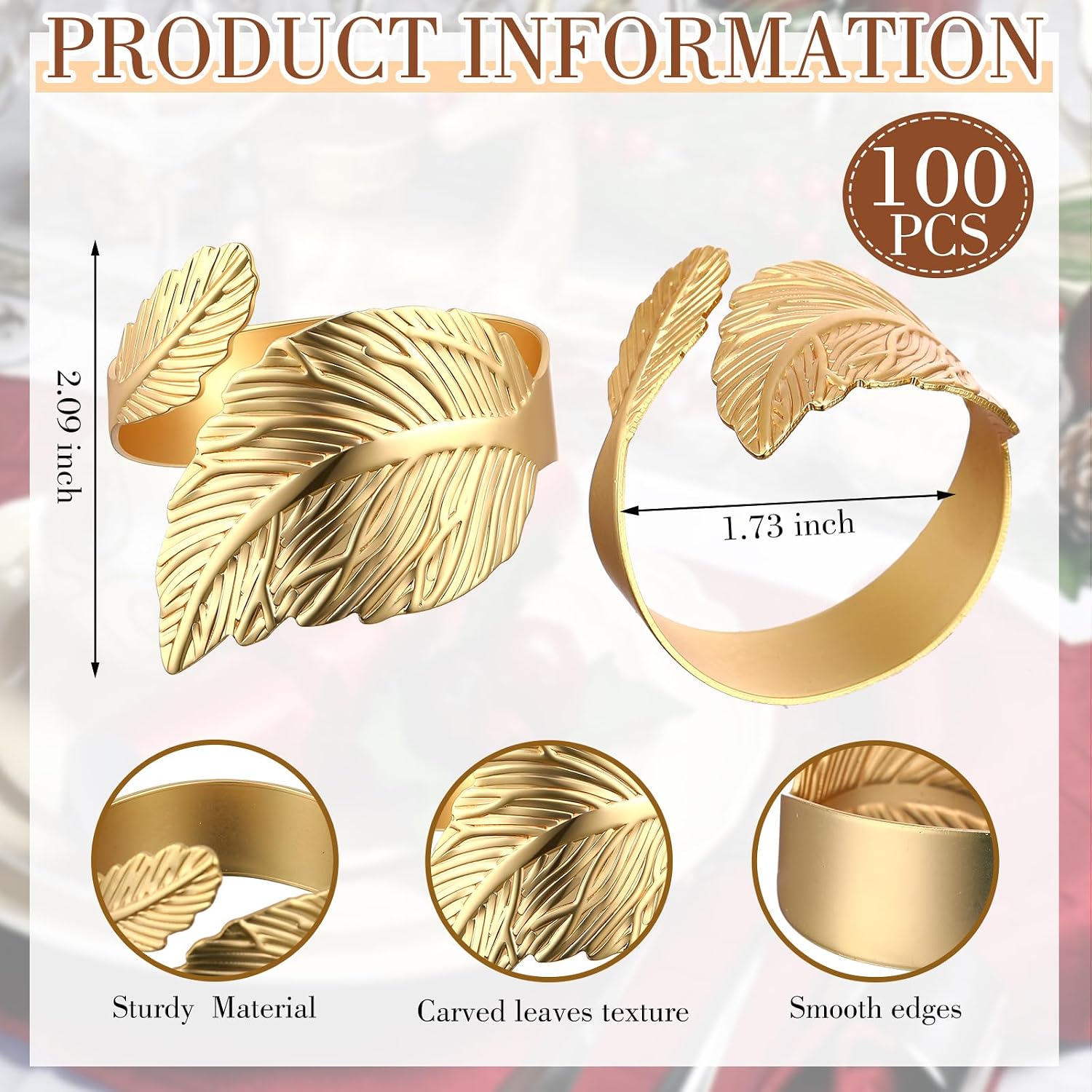 100 Pcs Gold Napkin Rings, Metal Leaf Shaped Holders for Wedding | Shiny Leaf Design, For Celebrations Receptions