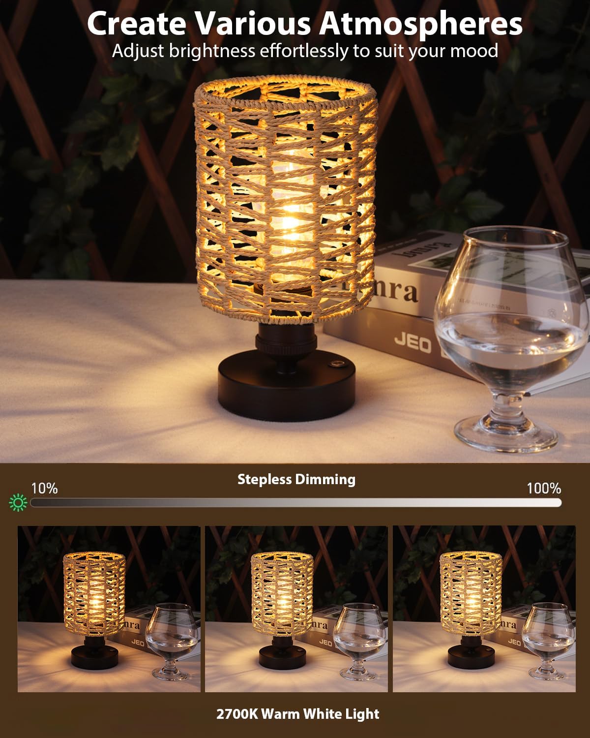 Cordless Outdoor Table Lamps, Small Rattan Boho, Rechargeable Battery Operated for Outdoor Patio, Home, Living Room