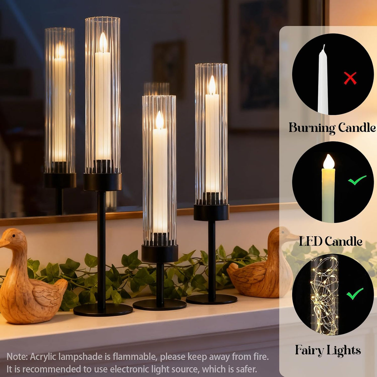 Metal & Acrylic Taper Candle Holders with Ribbed Design - Hurricane Clear Cylinder Candelabra for Wedding, Christmas